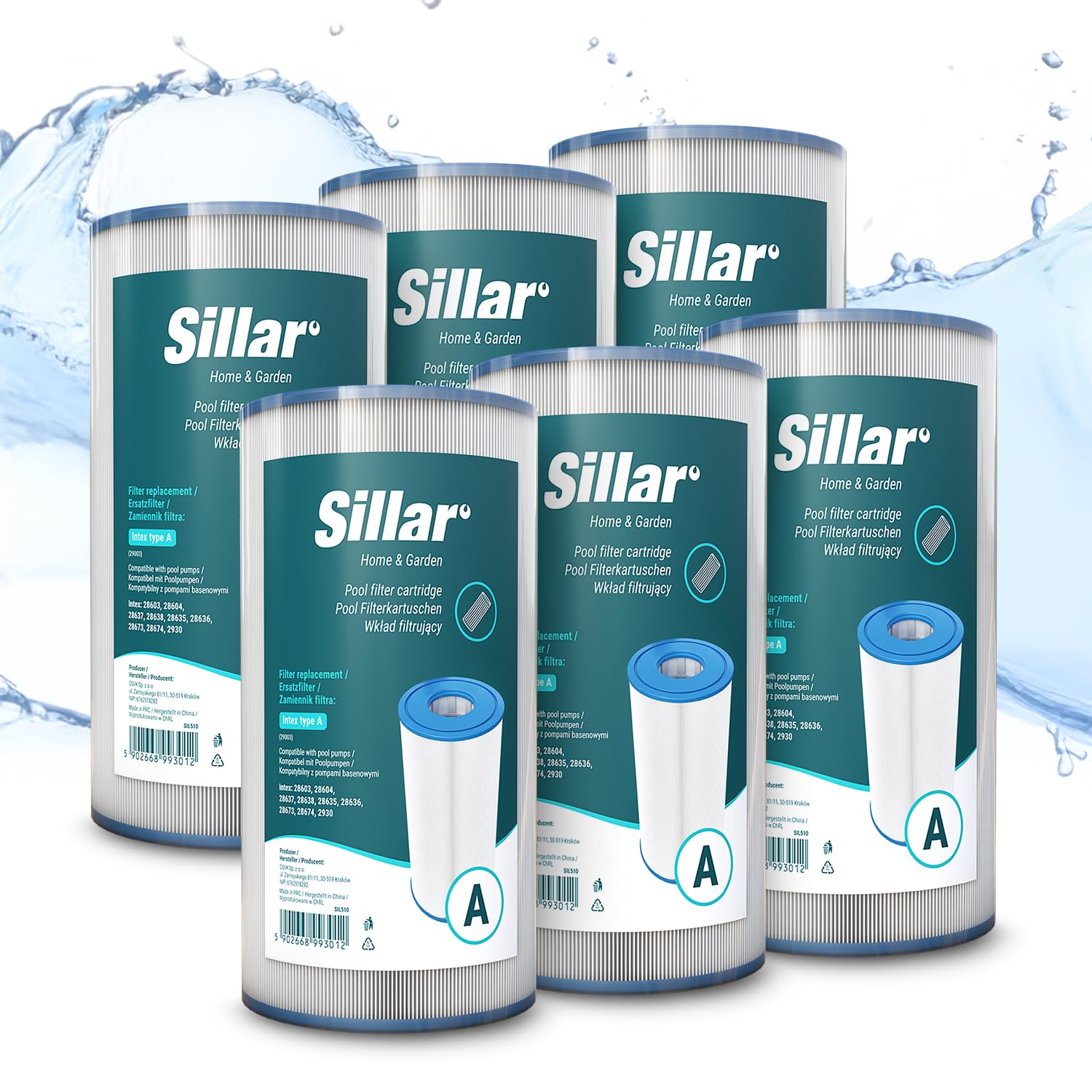 Sillar Cartuchos de Filtro para Piscina Tipo A – Pack de 6 Unidades, repuestos para Bombas de filtración Intex 28603/28604/28637, compatibles con Bombas y Cartuchos de Filtro Intex