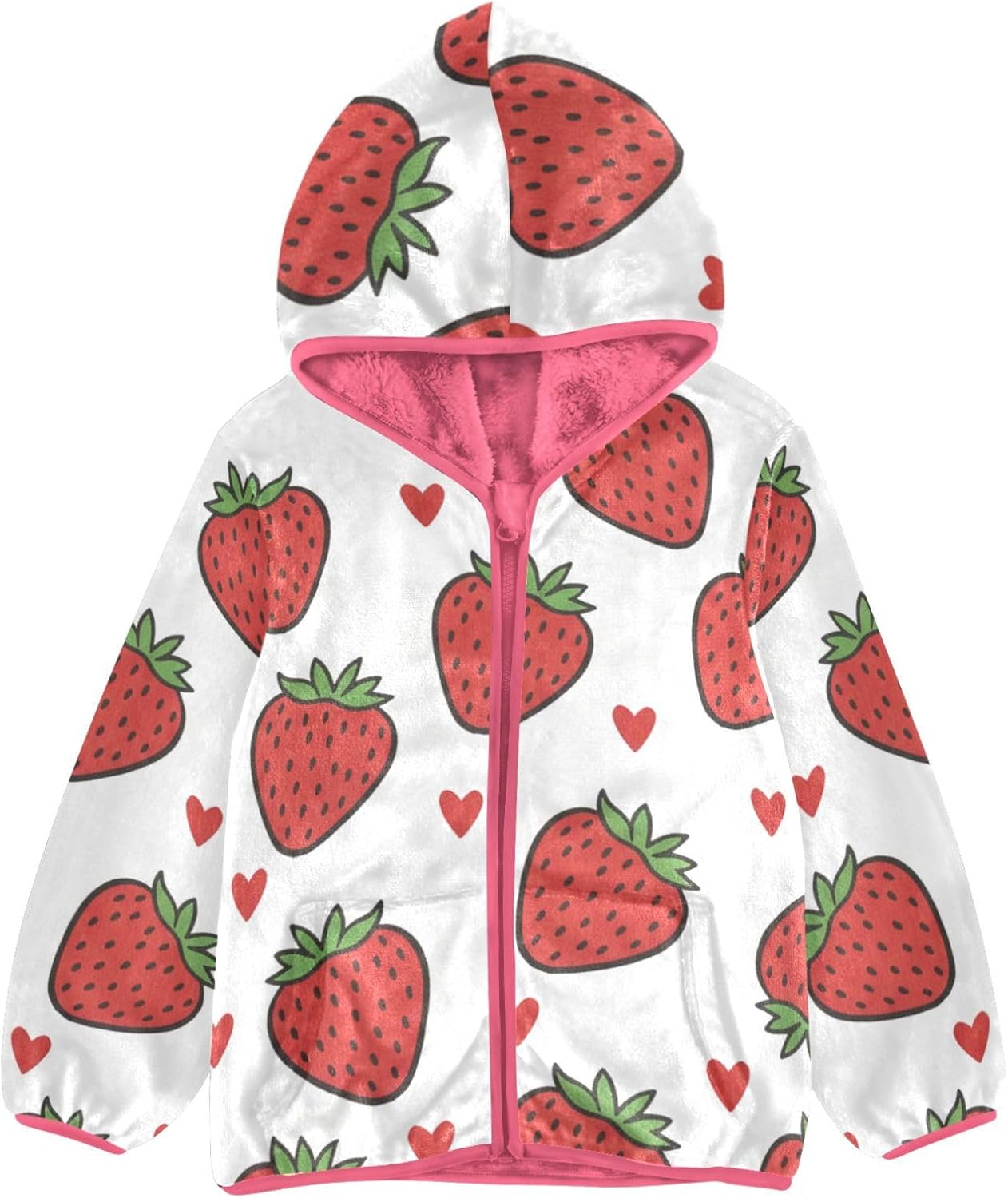 ALAZA Cartoon Heart Strawberry Hoodie Jacket for Girls Toddler Fleece Zip Up Coat Plush Jacket for 3 Years