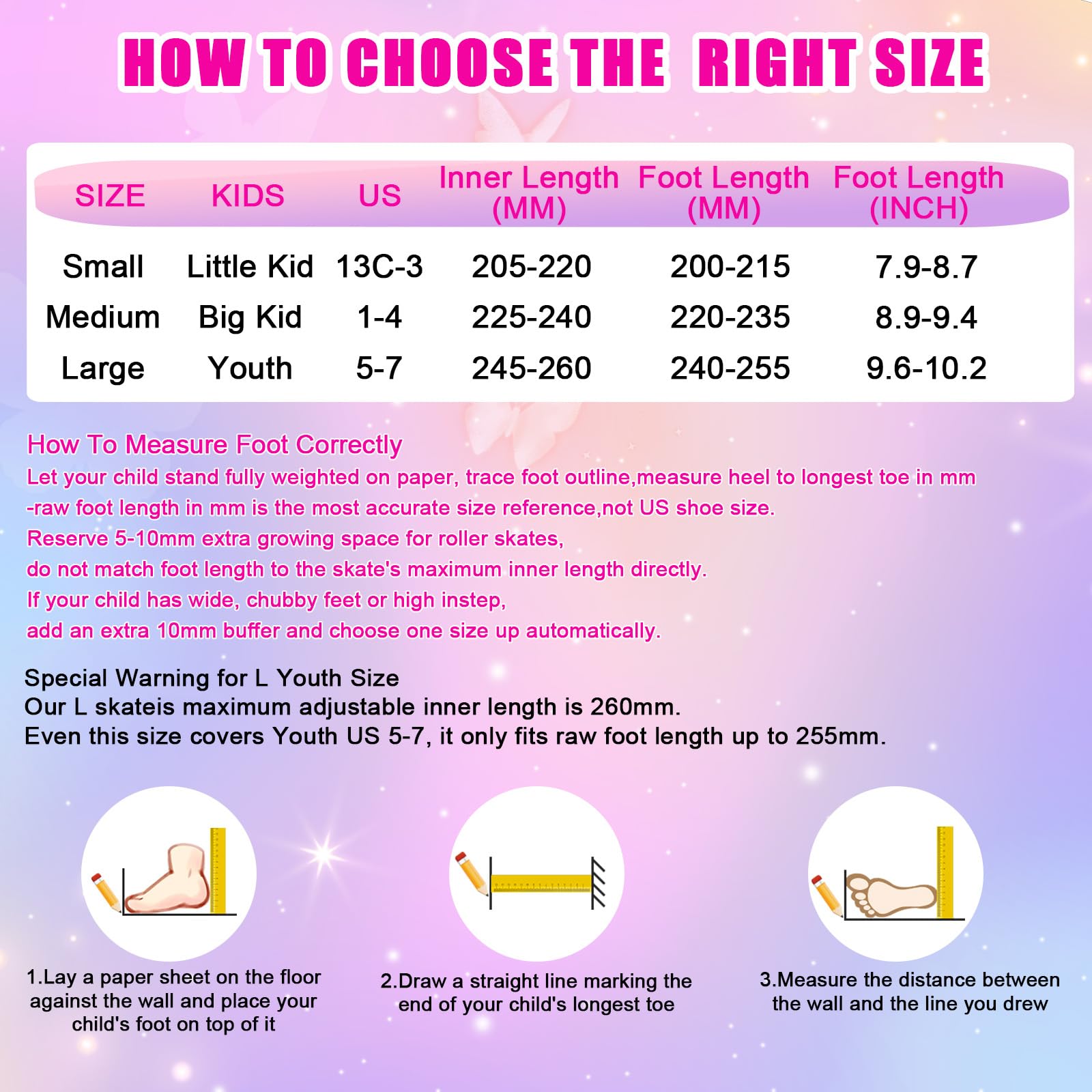 4 Sizes Adjustable Kids Roller Skates for Girls Boys Indoor Outdoor Sports, Butterfly-Pink, Medium-Big Kids,Teens - Image 7