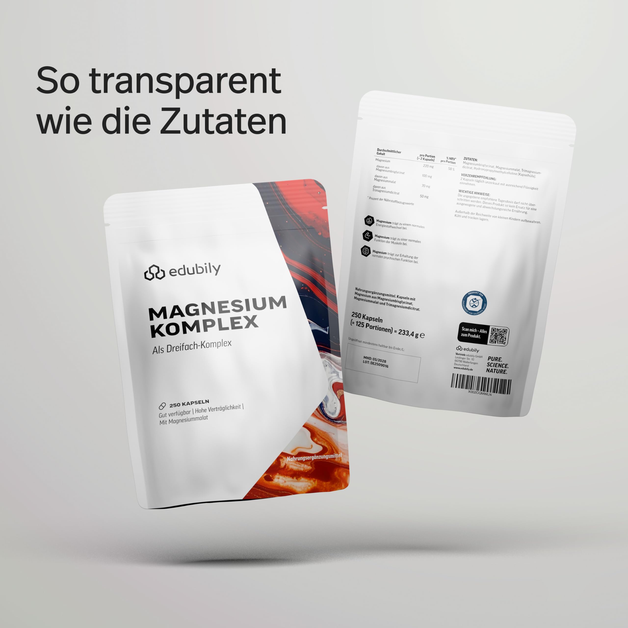 edubily® Magnesium Komplex Kapseln - Magnesiummischung aus Magnesiumbisglycinat, Magnesiummalat und Magnesiumcitrat - Ohne Magnesiumstearat - (250 Kapseln - Neue Rezeptur)