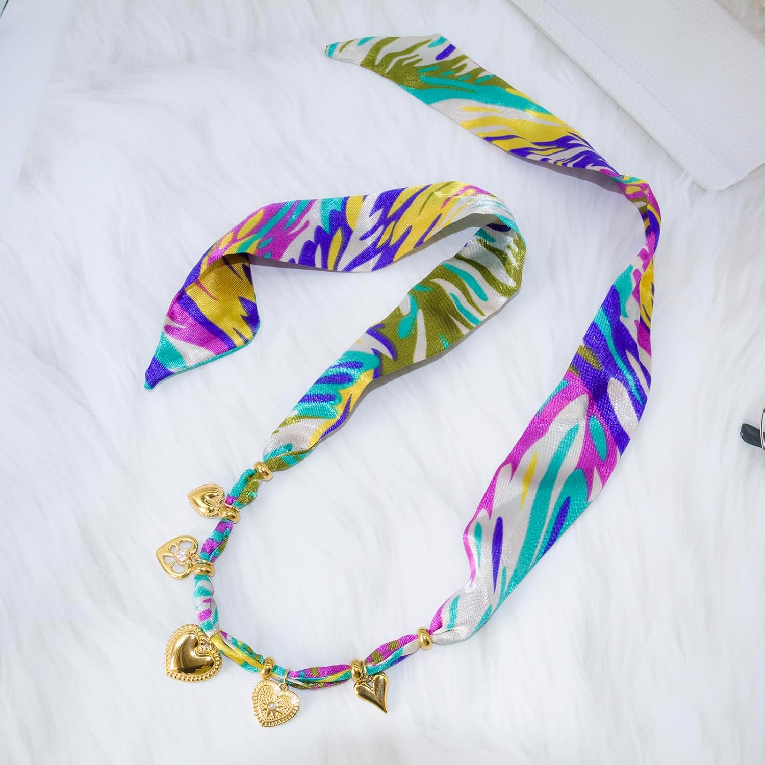 Scarf Necklace with Charm,Geometric Design Bandana Necklace with Heart Charm,Silk Western Necklaces with Gold Stainless Steel Charms,Coming with Bohemian Gift Pouch - Image 6