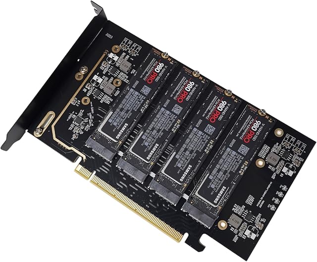 KONYEAD pcie4.0 x16 to m.2 m-Key nvme x 4 ssd Expansion CardSupports 4 NVMe M.2 2280 up to 256GbpsM2 Adapter Card 2280 Driver Free. Bifurcation Required(3001K)
