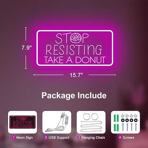 Miniatura 5 de Señales de neón con forma de dona, "Stop Resisting Take A Donut", luz LED regulable para tienda de donas, negocios, cafetería, panadería, postres,