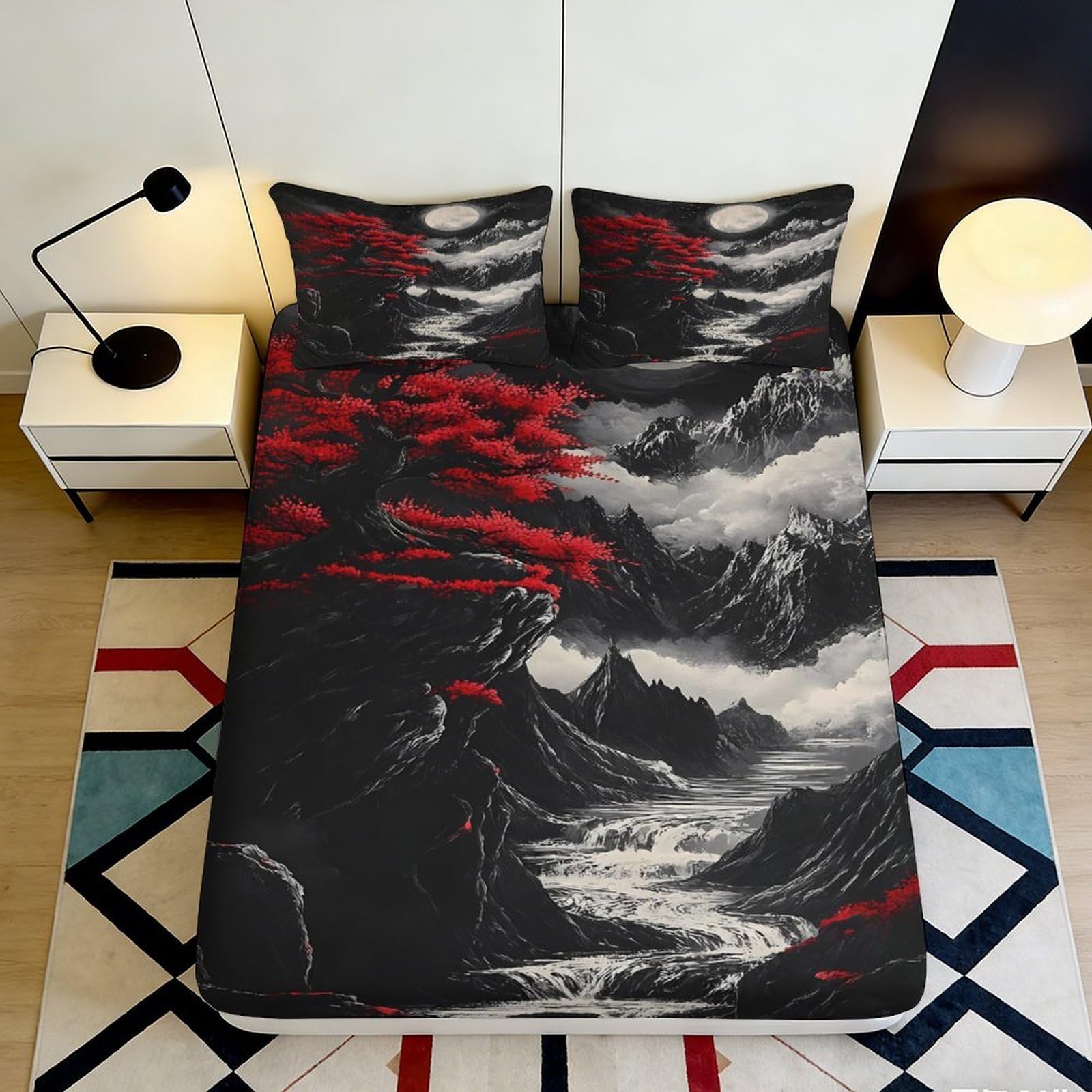 3D Printed Red Maple Landscape Fitted Sheet Microfiber Soft Mountain River Bed Cover for Bedroom Dorm Mattress Decor 140x200x25cm