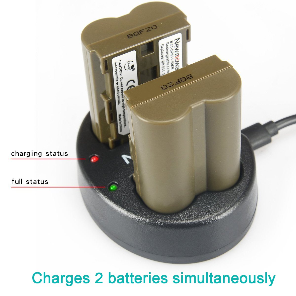 Newmowa BP-511 Batteria (confezione da 2) e Doppio Caricatore USB per Canon BP-511 BP-511A Canon EOS 5D 10D 20D 30D 40D 50D Rebel 1D D60 300D D30 Kiss Powershot G5 Pro 1 G2 G3 G6 G1 Pro90