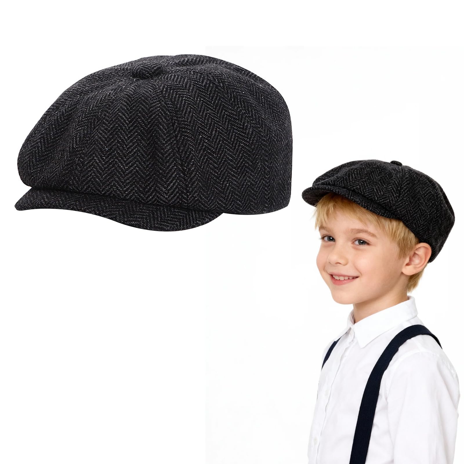 AffeGifts Kids Vintage Newsboy Caps for Boys and Girls 6-9 Years Old, Black Gray Classic Flat Cap Kids Artist Hat for Daily Wearing Scoool Play Victorian Vostume and Fancy Dress Party
