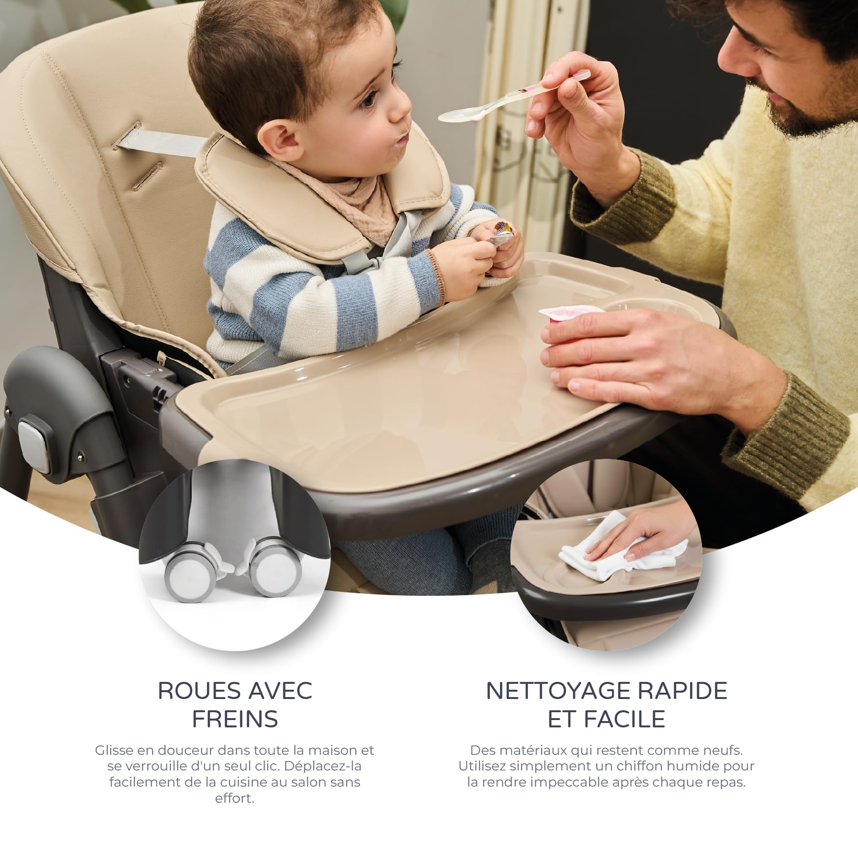 MS BabyWorld – Siège-bébé évolutif Tasty | 7 positions de hauteur et 3 de réclinaison | Plateau amovible et repose-pieds réglable | Portable, pliable, jusqu'à 3 ans (Sable)