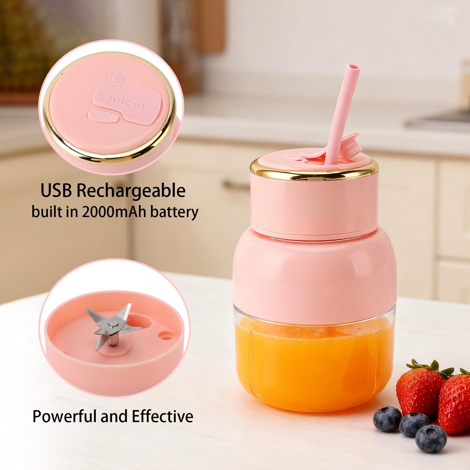 Frullatore portatile ricaricabile tramite USB, 800 ml, frullatore con 6 lame, mini frullatore per sport, viaggi, palestra, ufficio (rosa)