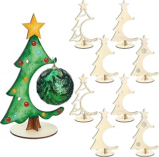 Roowest 8 Pack 11" Wooden Christmas Ornament Display Stands 4 Styles Paintable Christmas Wooden Tree Baubles Holder Xmas Ornament Display Tree Tabletop Centerpiece with Hook for Home Mantel Shelf