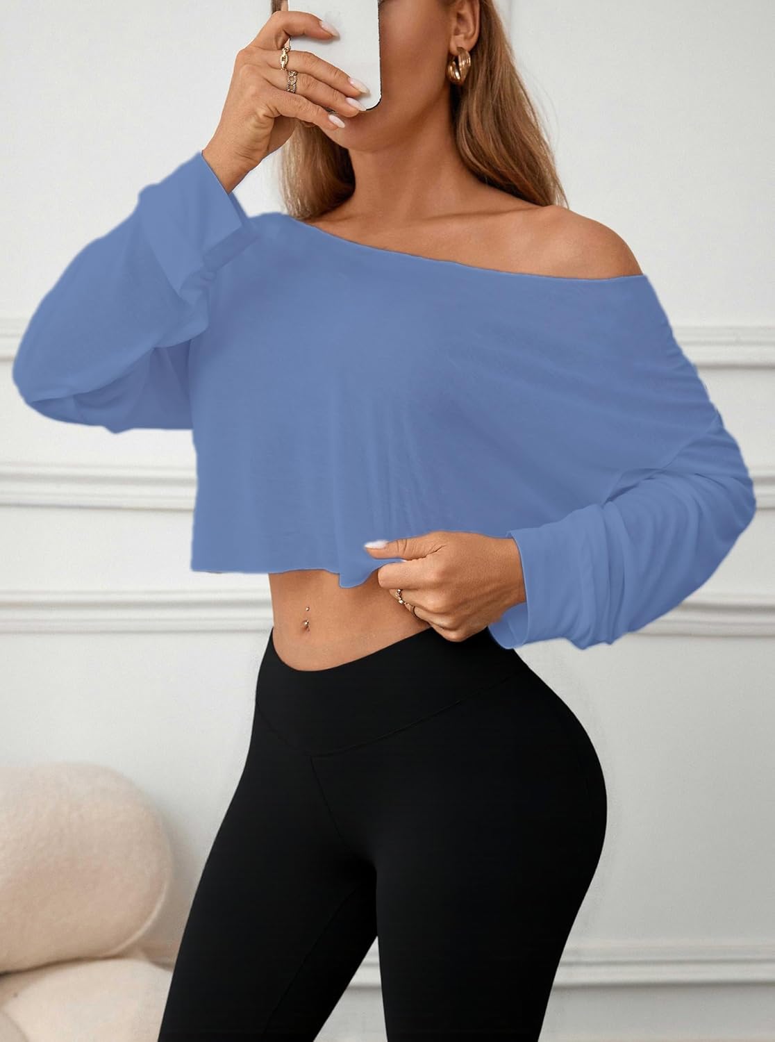 Women's Off Shoulder Mesh Crop Top Sheer See Through Long Sleeve Sexy Casual Outfit for Spring Fall - Image 4
