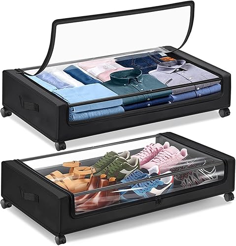 Contenedores de almacenamiento debajo de la cama con ruedas, 2 cajones organizadores con ruedas y ventana transparente y asas, organizadores debajo