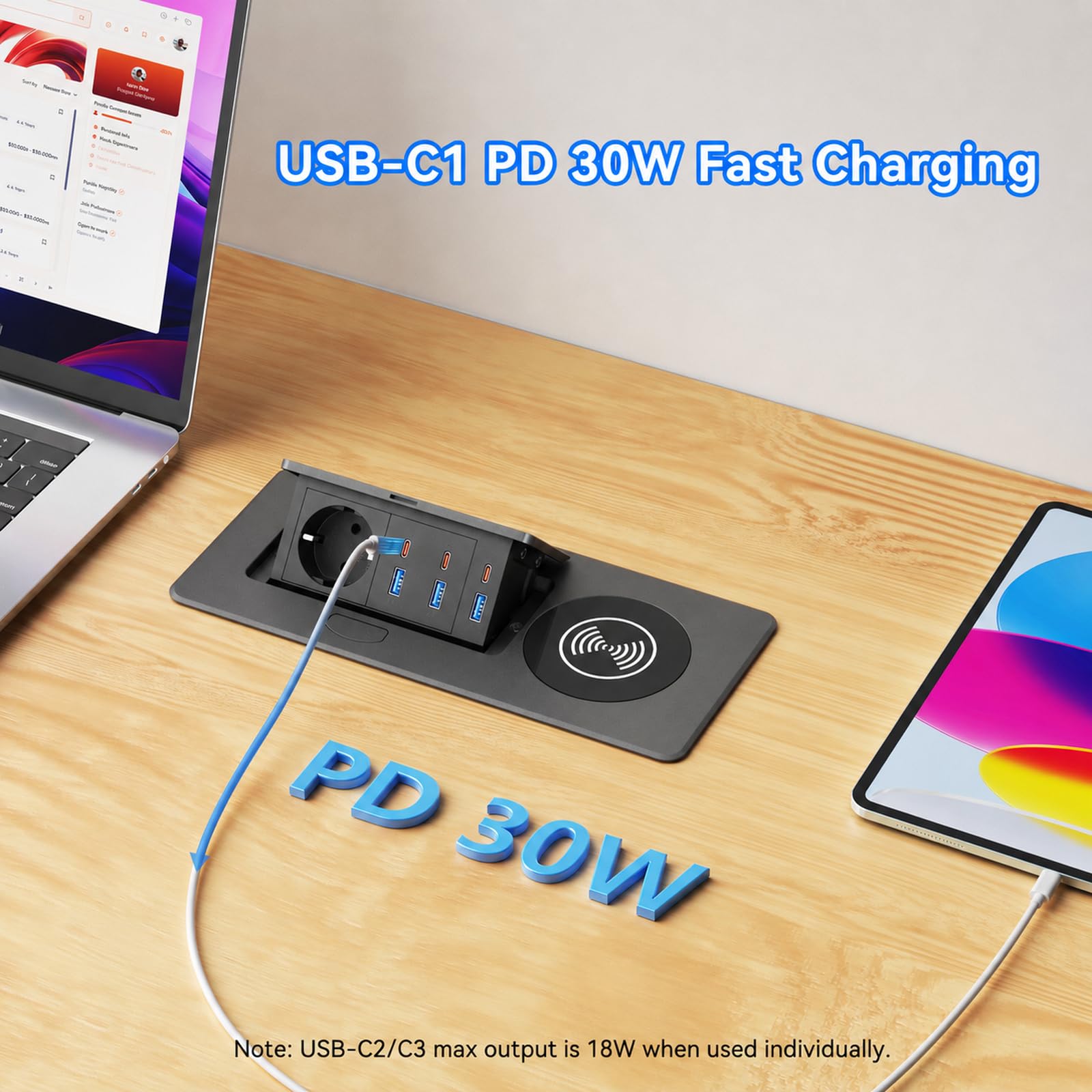 Versenkbare Steckdose mit 6 USB & 15W kabellosem Laden, Schwarz | Einbausteckdose mit USB-C1 PD 30W & USB-A1 30W, 1,8 m Kabel, für Schreibtisch, Büro, Homeoffice & Küche