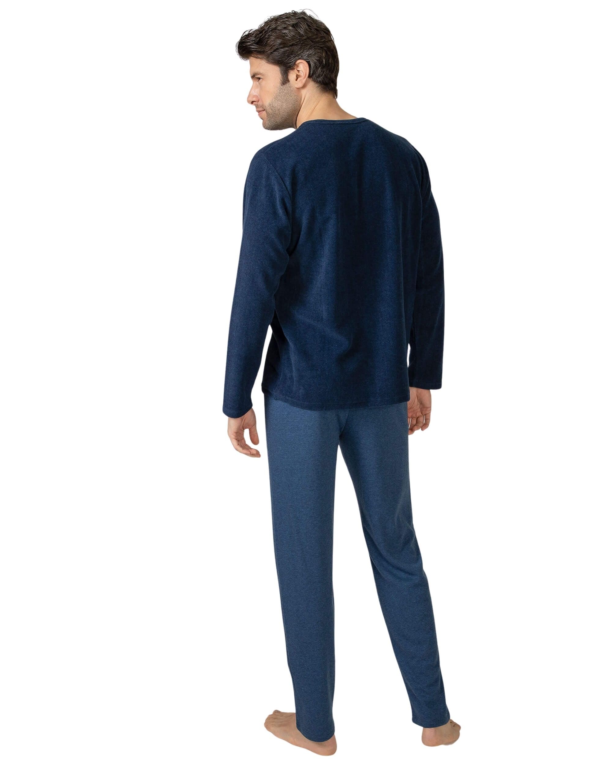 MASSANA Pijama de Hombre para Invierno P751325, Camiseta Manga Larga con Estampado Urbano y Pantalón Largo, Azul Marino, Mezcla de Algodón y Poliéster