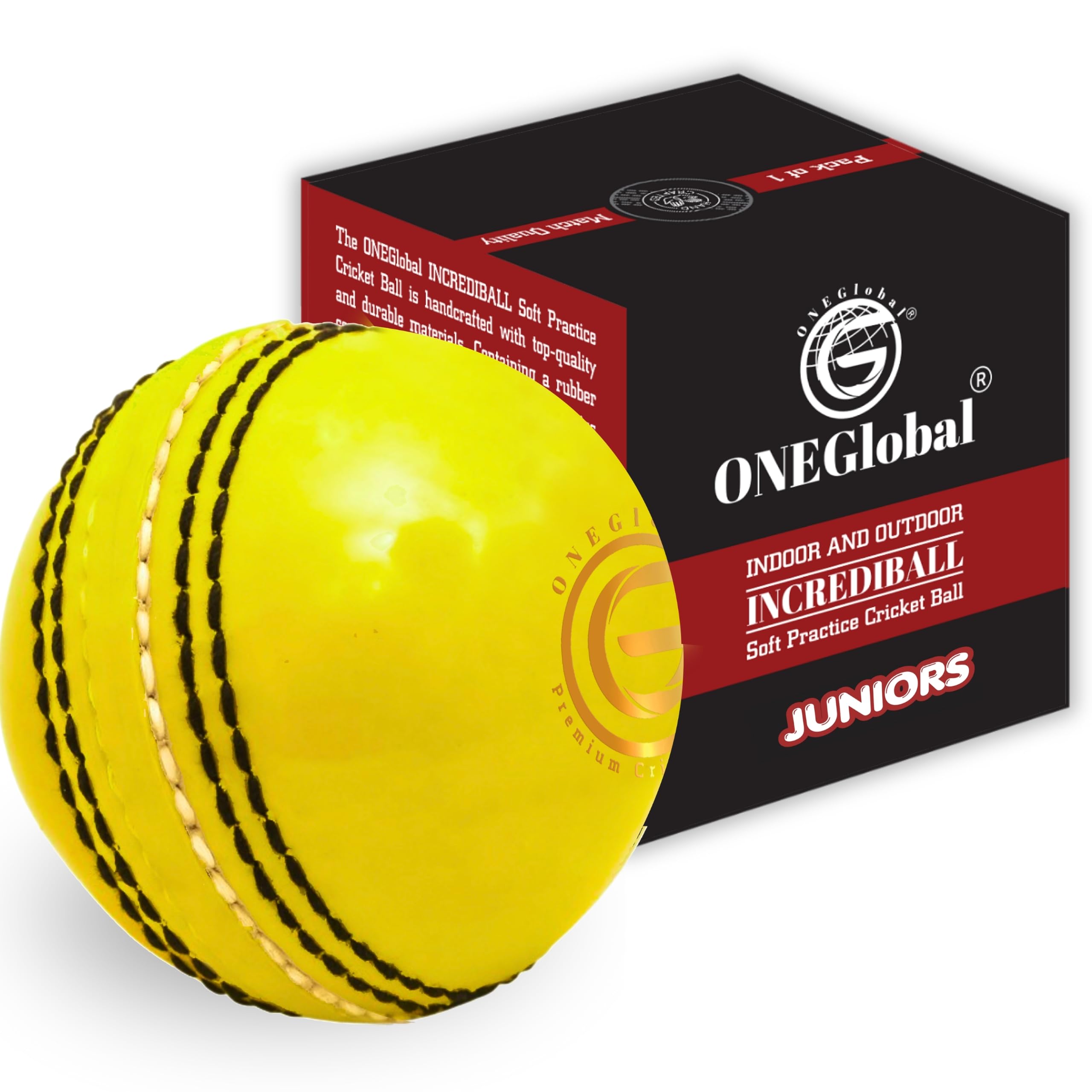 ONEGlobal Incrediball Junior Soft Practice Cricket Ball | Outdoor & Indoor Rubber Cricket Ball With Core & Stitched Seam | For Practice, Training & Family Fun | Senior & Junior Size (1 Yellow, Junior)