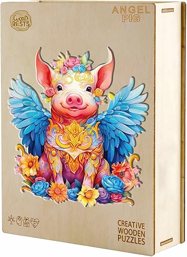 Miniatura 4 de BLUMUZE Rompecabezas de madera, rompecabezas de cerdo de ángel, 9.8 x 9.6 pulgadas, 100 piezas, rompecabezas de forma única de animales, regalo para
