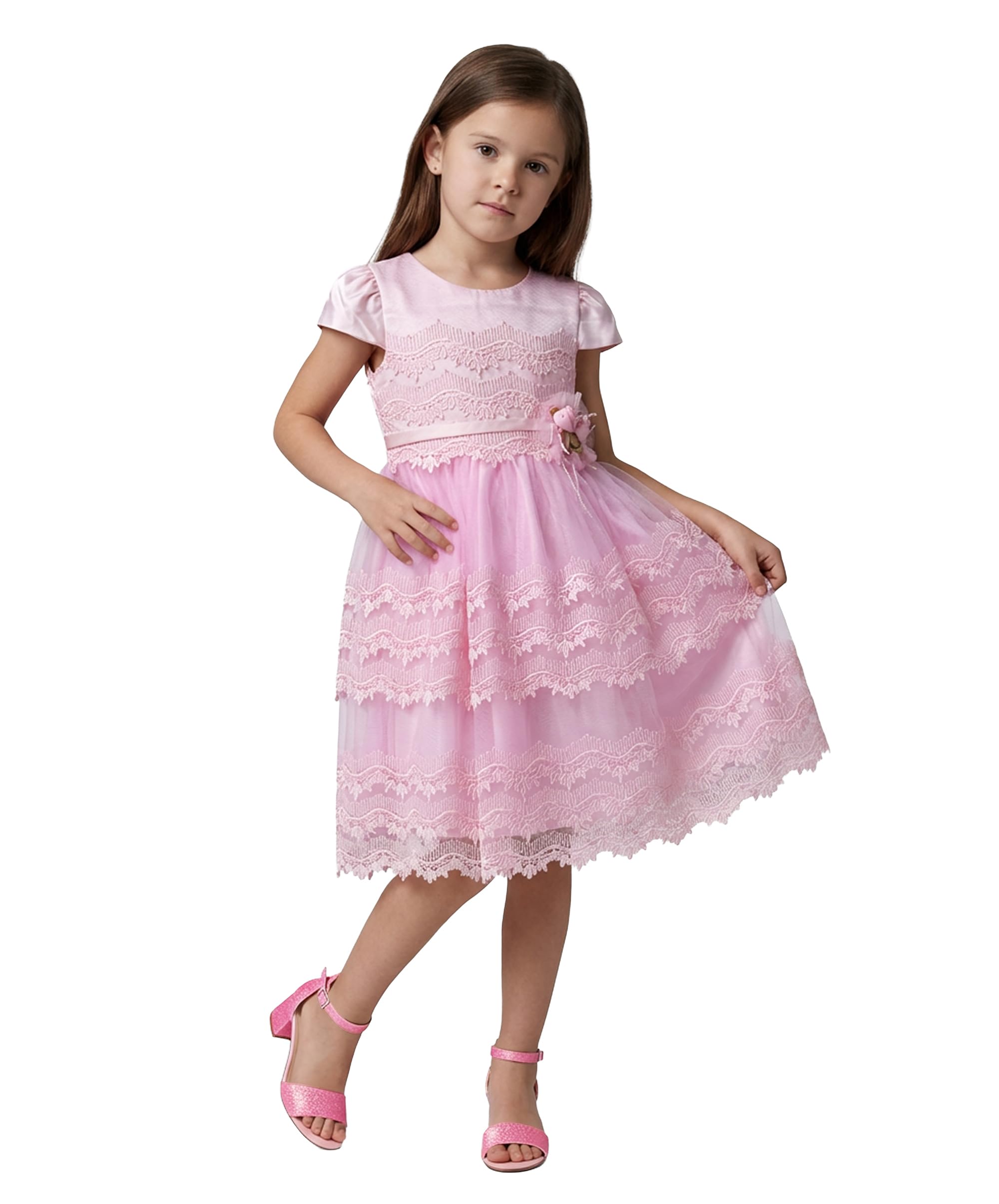 SIRRI Abito da bambina in pizzo rosa con gonna in tulle, lunghezza media, abito da festa per bambine da 1 a 14 anni