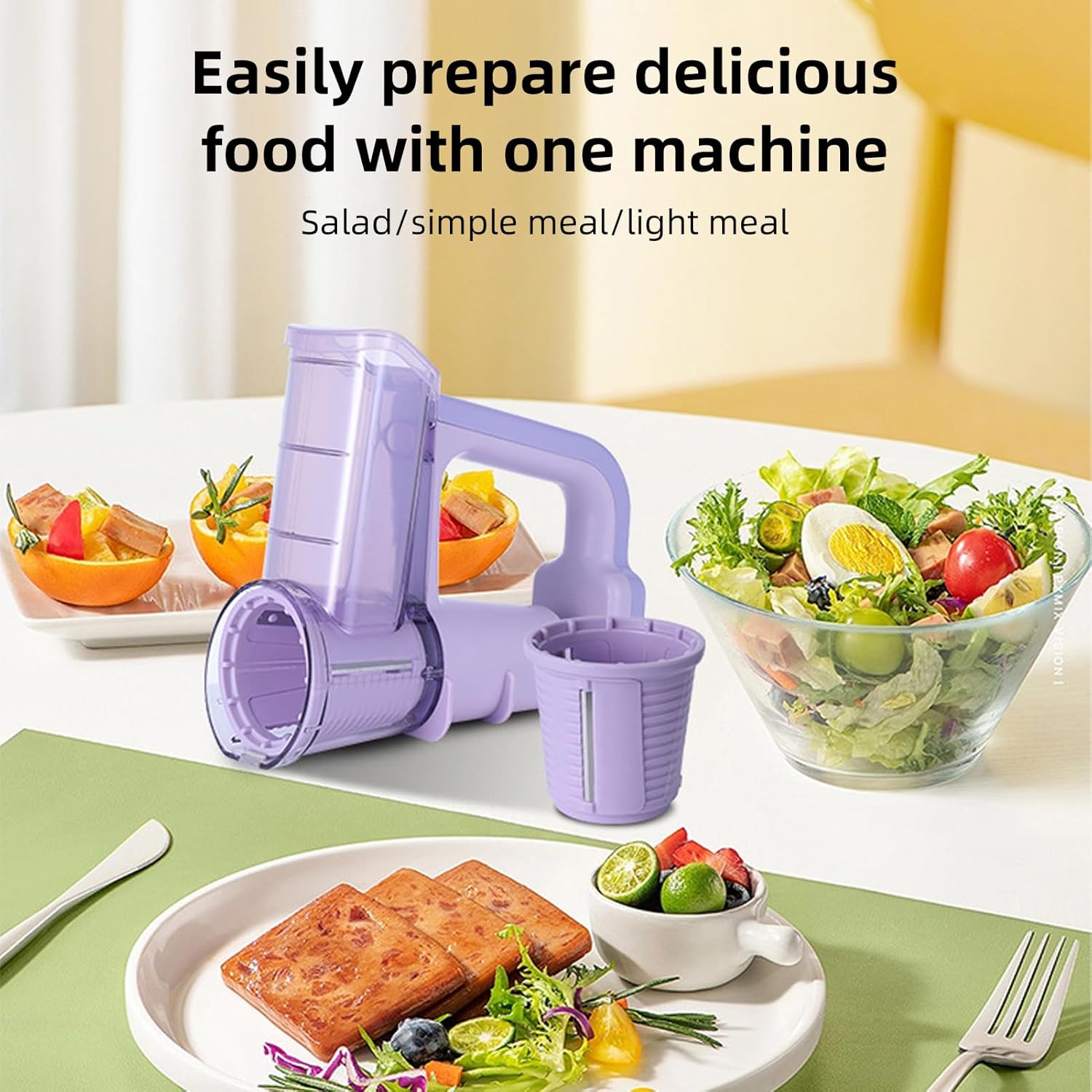 Electric Cheese Grater Vegetable 3 In 1 Handheld Salad Maker Ice Crusher with Stand 3 Replaceable Cutter (Purple)