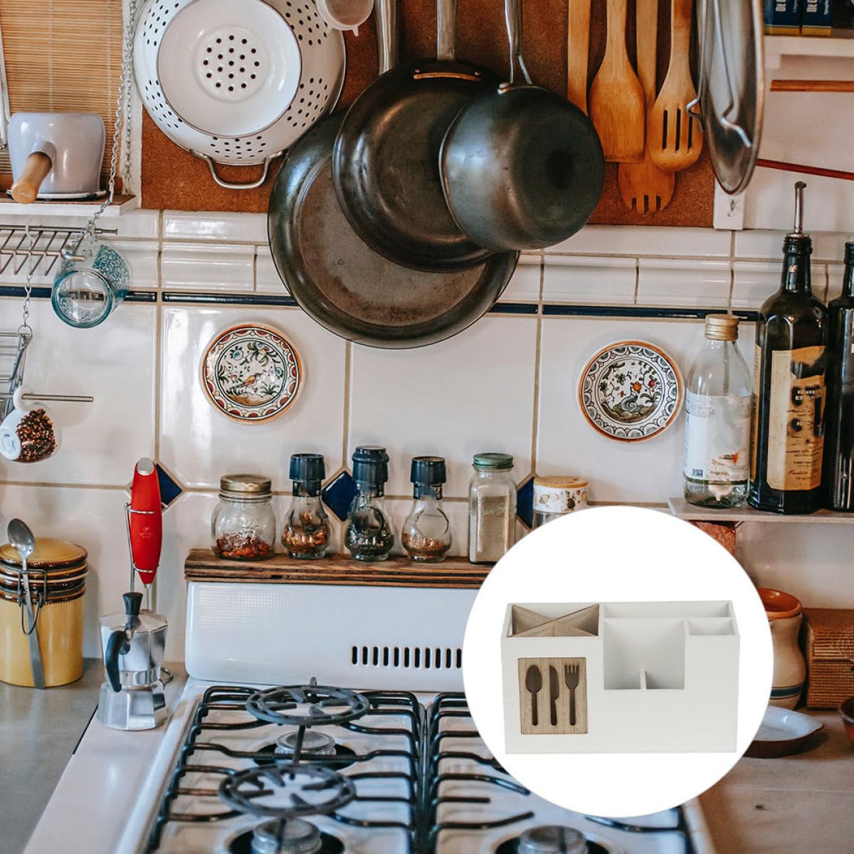 VICASKY Organisateur Cuisine en Bois Blanc Porte-cuillères Résistant aux Rayures pour Ustensiles Cuisine Plan de Travail Maison