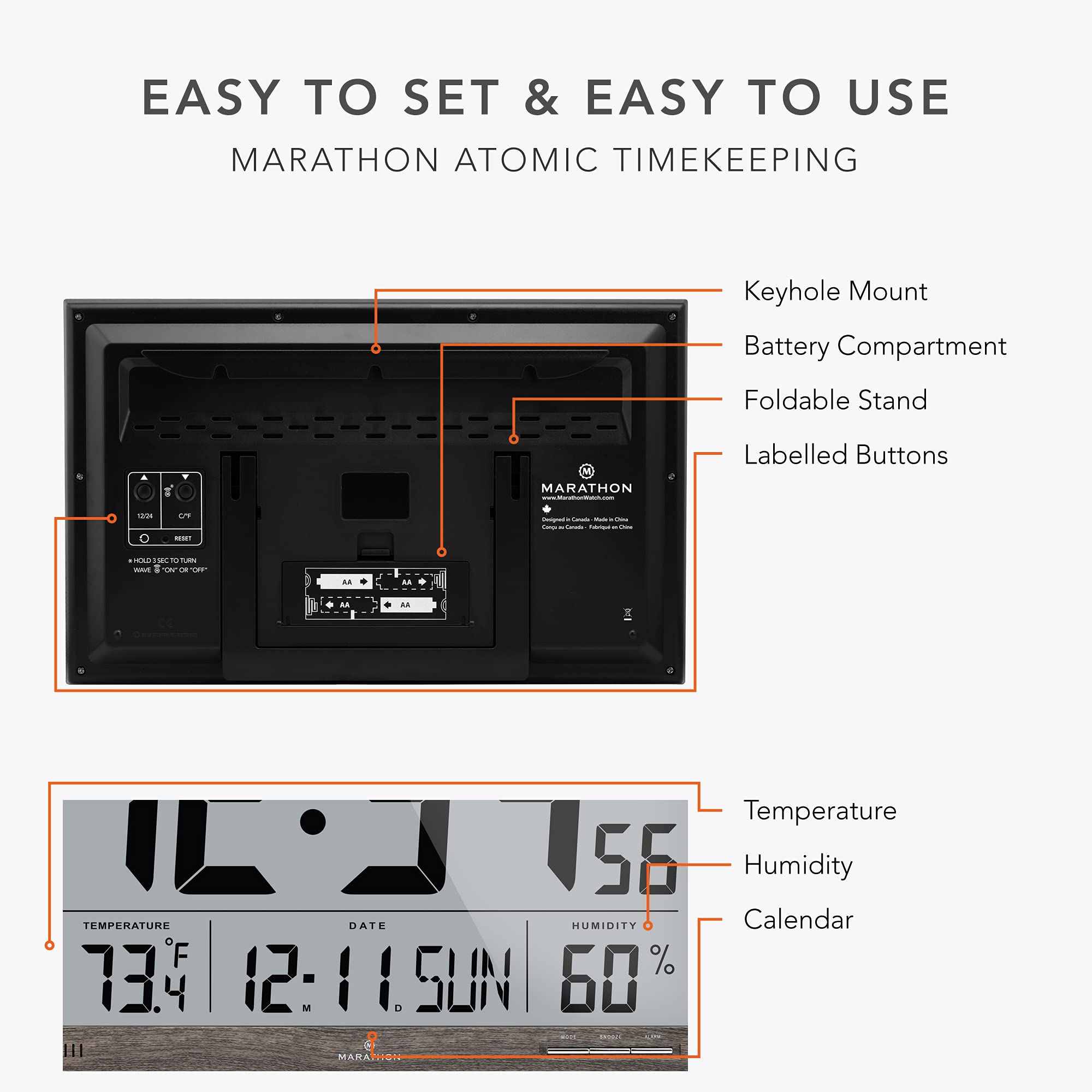 MARATHON Slim Jumbo Atomic Wall Clock with Indoor Temperature