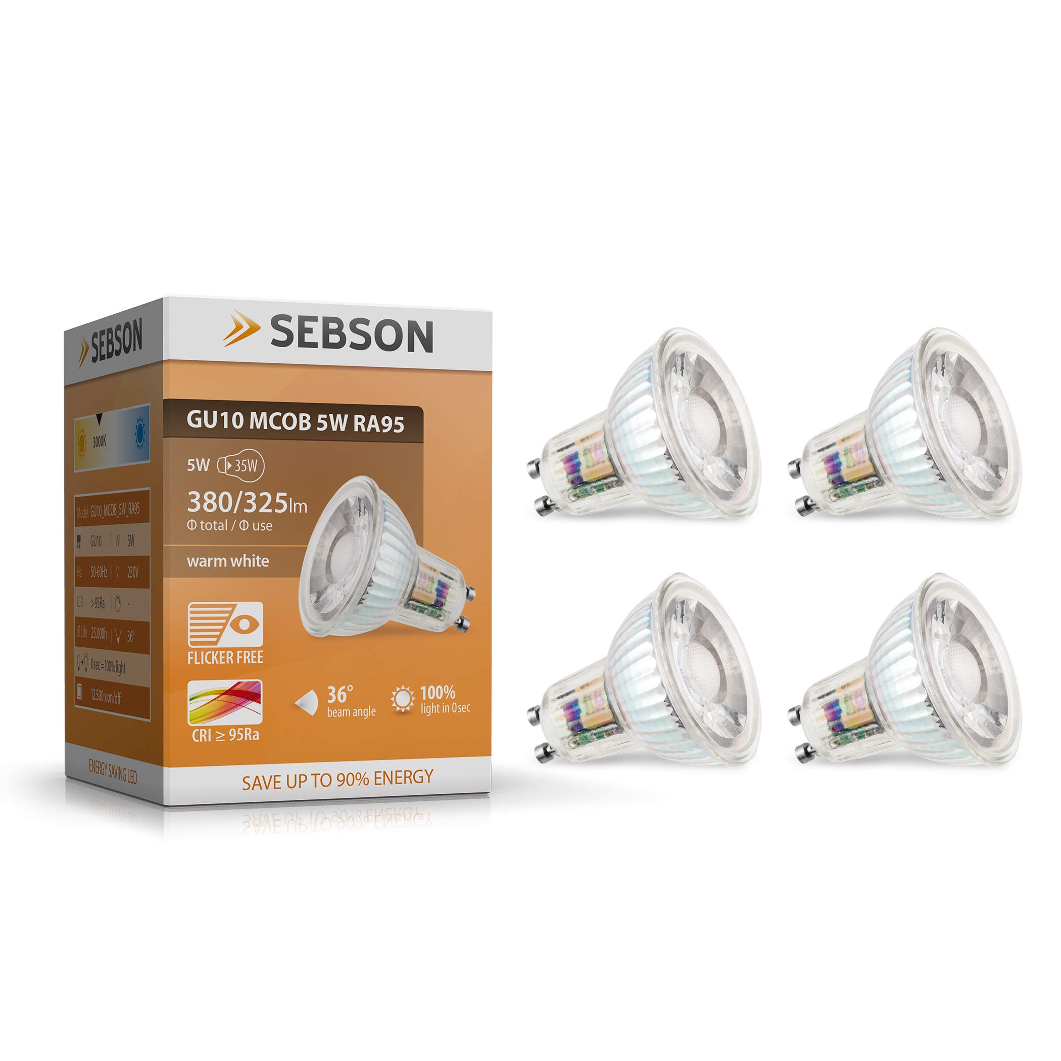 Bombilla Gu10 Led SEBSON Bombilla LED GU10 5W Equivalente A 35W - 380 Lúmenes Blanco Cálido 3000K No Regulable - Angulo De Haz 110° - Bombilla Spot LED 230V - Juego De 4 Bombilla Gu10 Led Calida