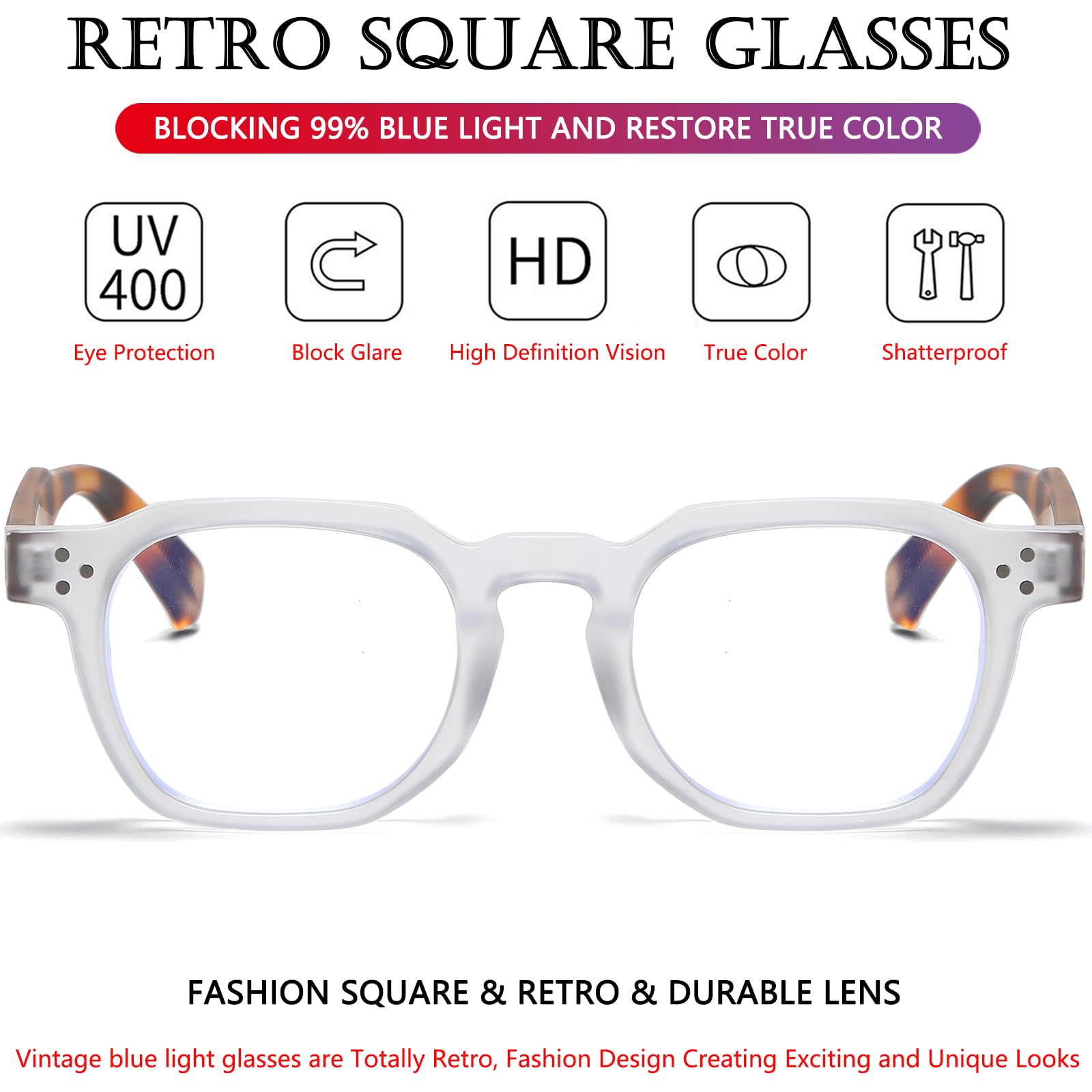 AIEYEZO Okulary w stylu retro dla mężczyzn i kobiet, kwadratowe, grube ramki, modne okulary do komputera w stylu vintage