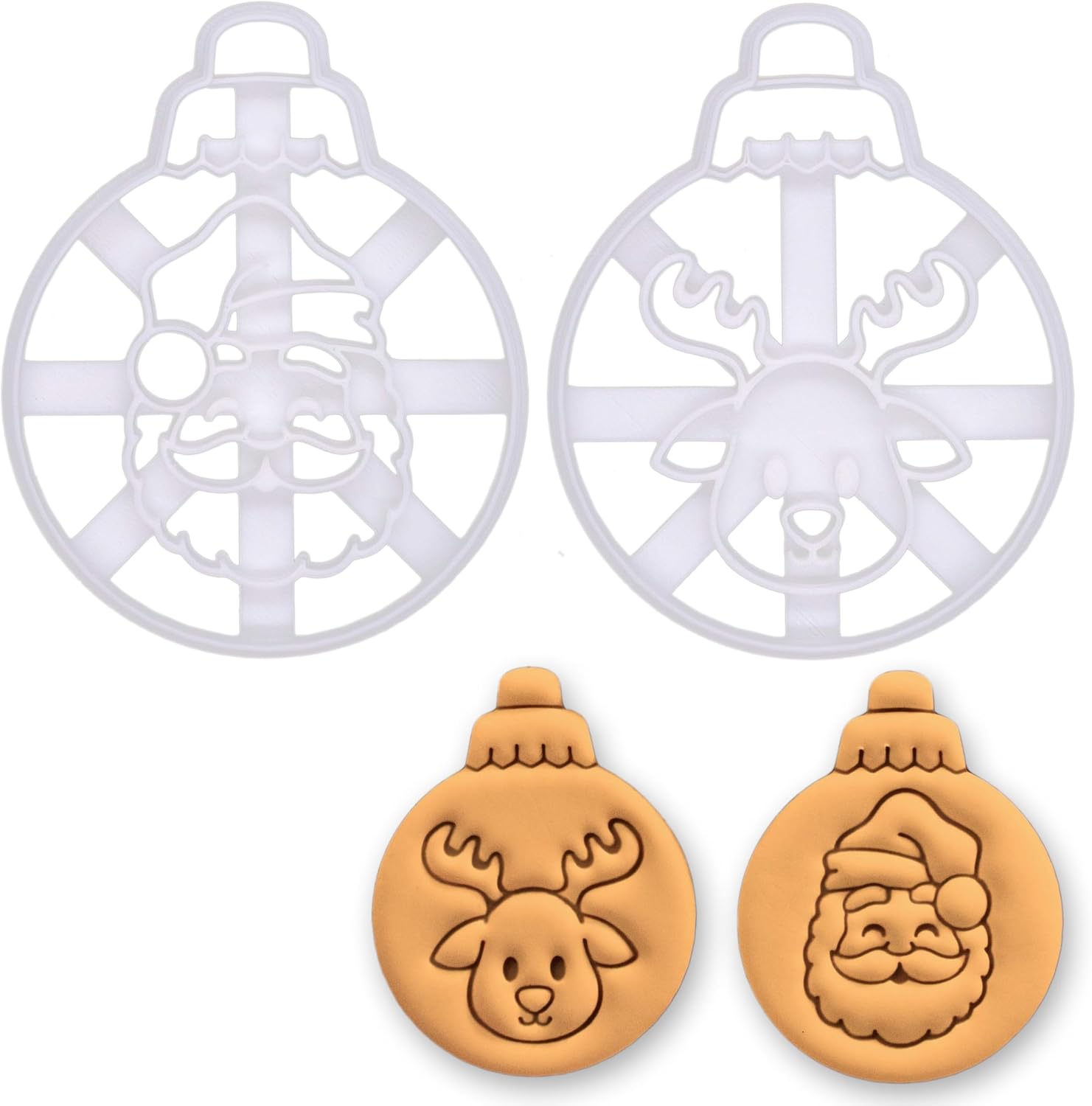 BAKERLOGY Set of 2 Santa Claus & Reindeer Bauble Cookie Cutters – Christmas Tree Ornament & Winter Holiday Fondant Baking Molds