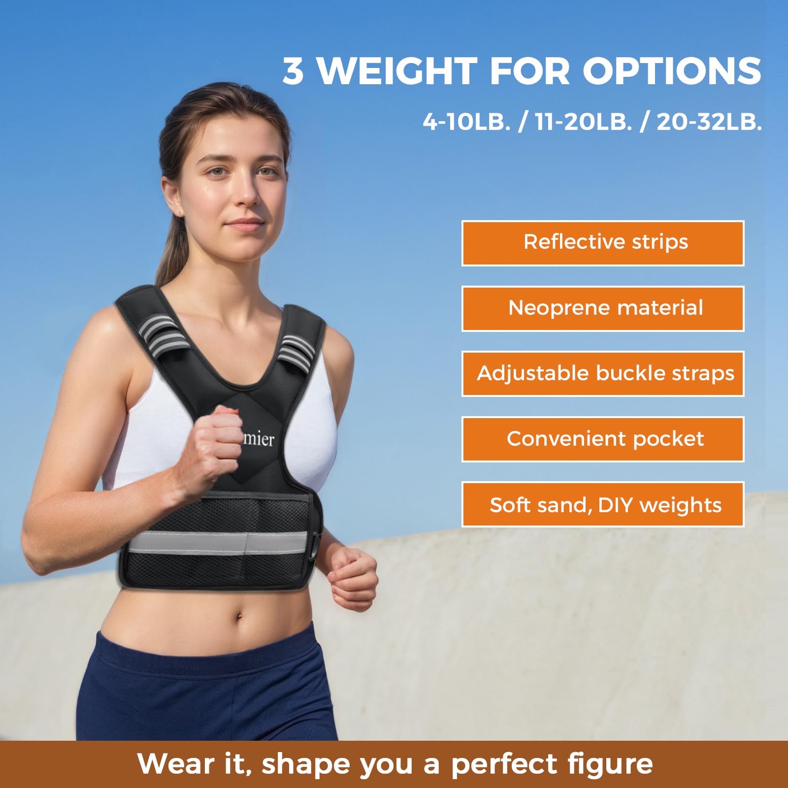 Chaleco con peso ajustable para hombres y mujeres, 1.8-4.5 kg/5.4-9.1 kg/9.1-14.5 kg con 6 pesos de arena de hierro con rayas reflectantes para entrenamiento de fuerza, correr, fitness