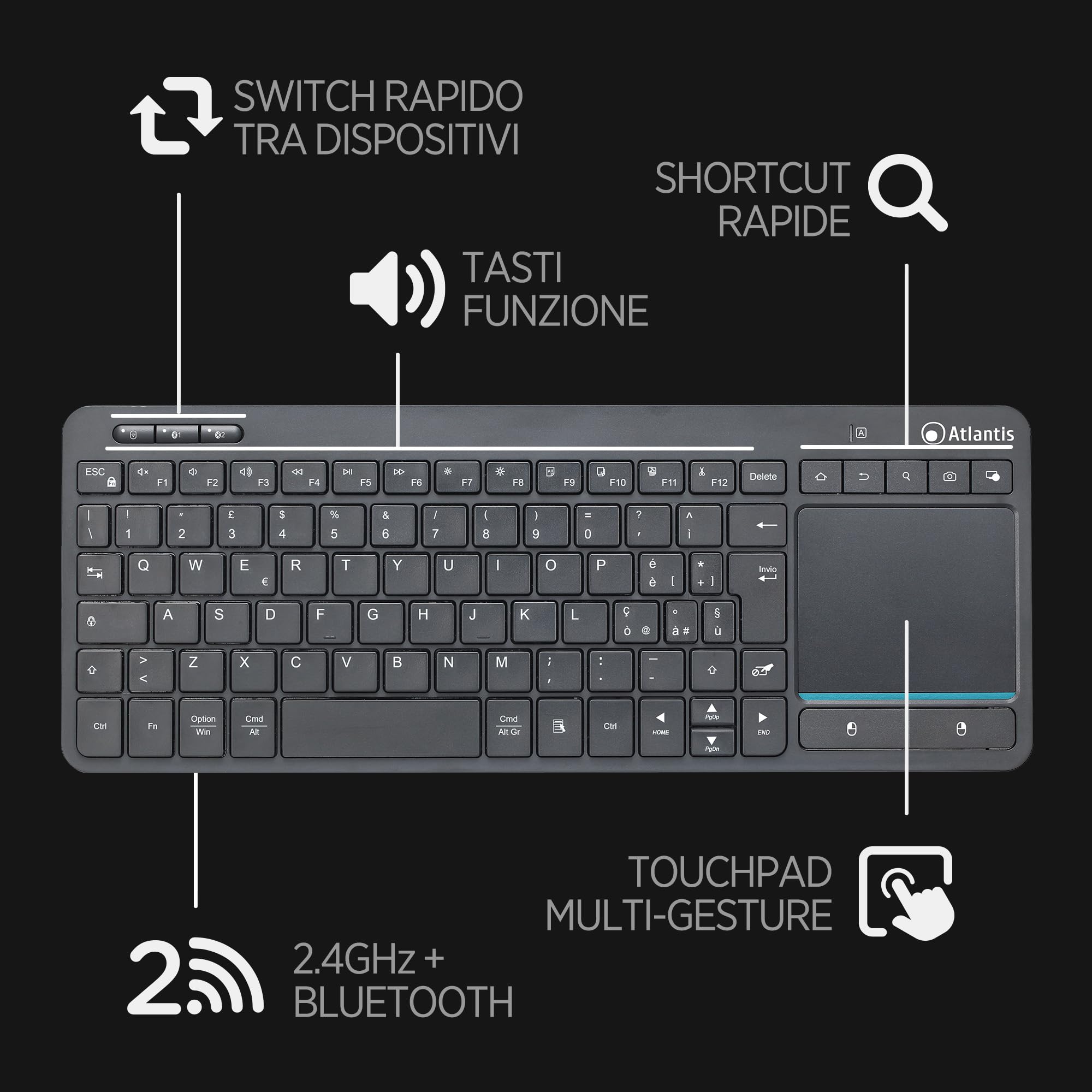 Atlantis Mini Tastiera con TouchPad multitouch integrato - Wireless senza fili RF + Bluetooth, QWERTY, Tasti funzione multimediali, per PC/Notebook/Smart TV/Smartphone/Tablet/iOS/Android - Nero