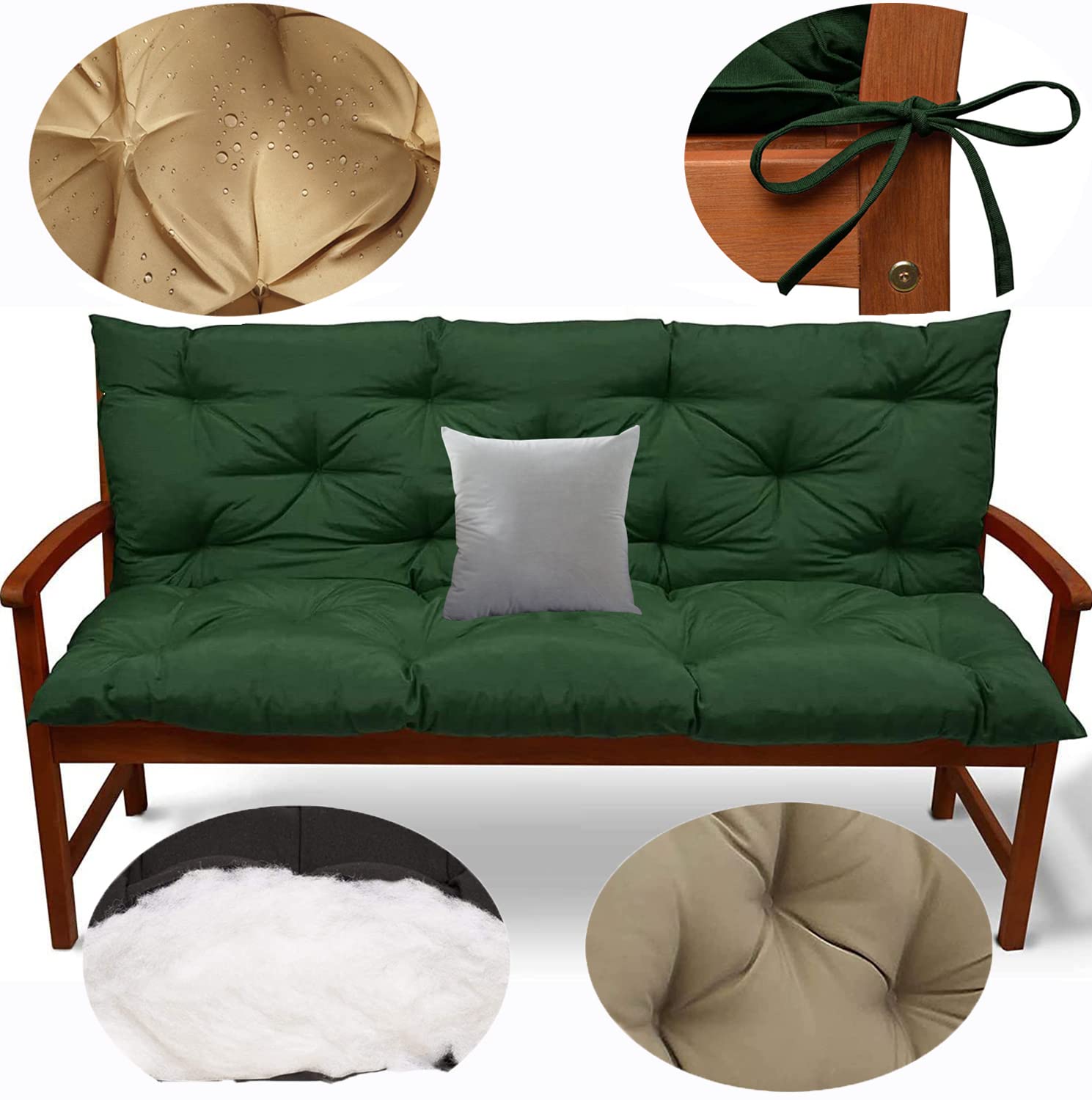 Swing Cushion Replacement,2 or 3 Seater Waterproof Bench Cushion with Backrest Ties,Swing Replacement Washable Seat Cushions with Pillow for Garden Porch Furniture Patio Pad(Dark green 40x60 inch)
