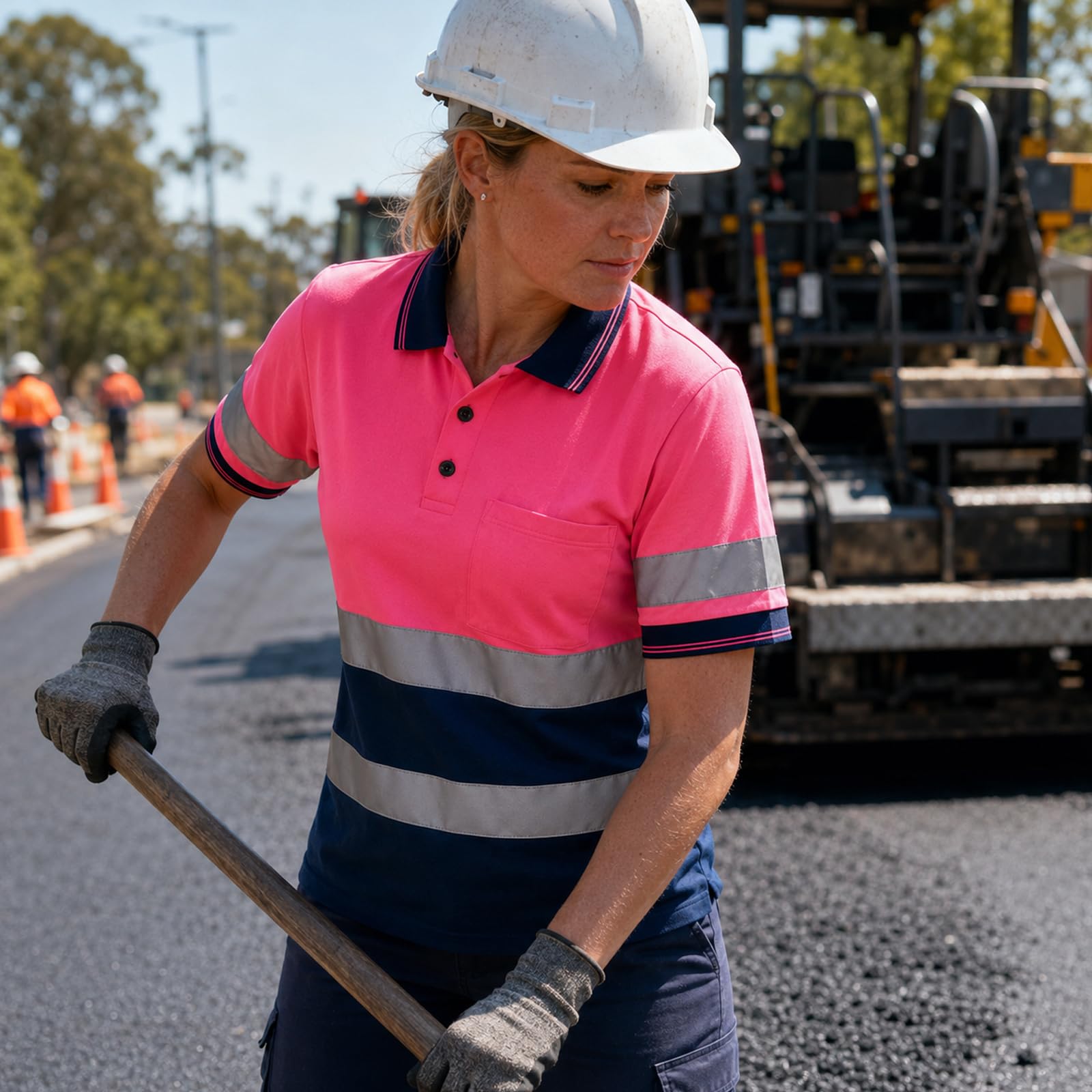 SMASYS Polo de seguridad, construcción reflectante, ropa de trabajo de alta visibilidad, camisetas con bolsillos para mujeres y hombres, rosa- azul marino, 5XL