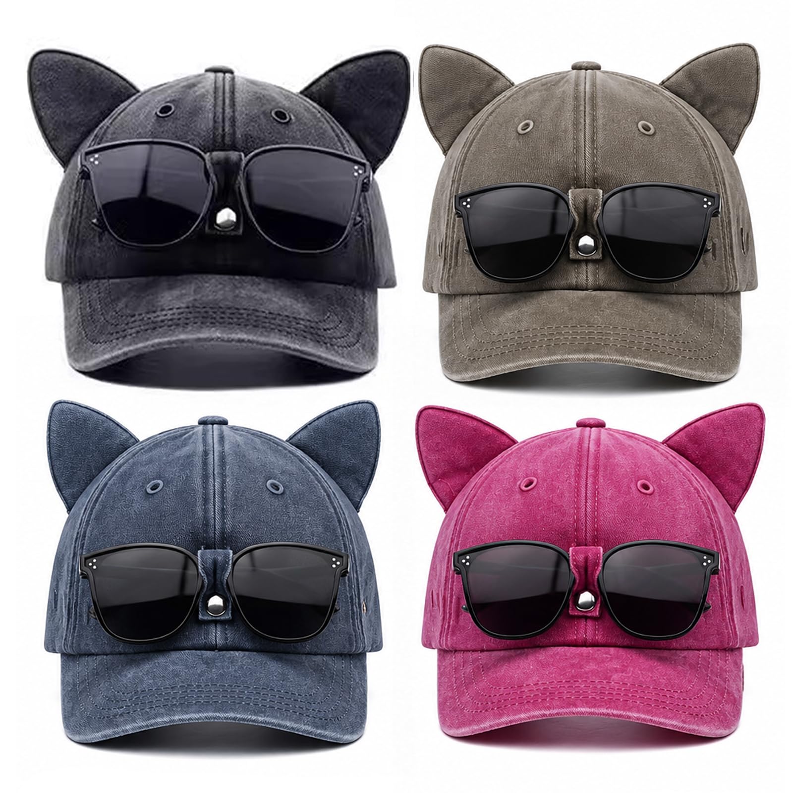 Cappello da Camionista Y2K con Orecchie di Gatto con Occhiali da Sole Staccabili, Berretto da Baseball Regolabile Vintage Lavato Stile Pilota