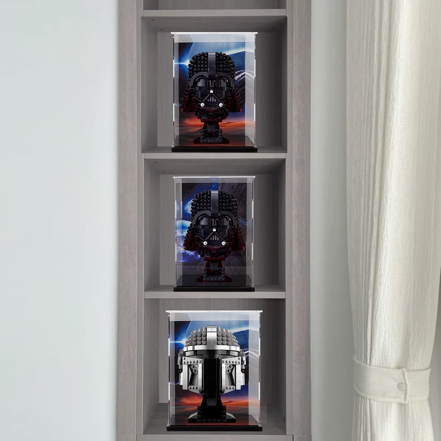 Acrylic Display Case for Lego Helmet Darth Vader, Venom, Batman,Fit for 75328 75277 75327 75304 75276 75274 76165,Assemble Dustproof Display Box Showcase with Black Acrylic Base
