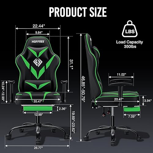 Miniatura 3 de HOFFREE Massage Gaming Chair for Adults 155 Reclining Computer Gamer Chair with Footrest and Adjustable Armrests Ergonomic Video Game Chairs Green