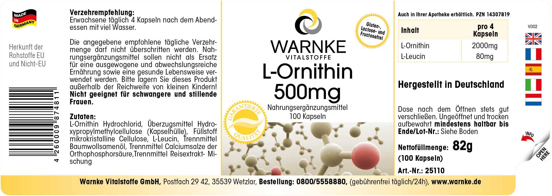 L Ornitina capsule - 500mg - Vegan - 100 Capsule | Warnke Vitalstoffe - Qualità da farmacia tedesca