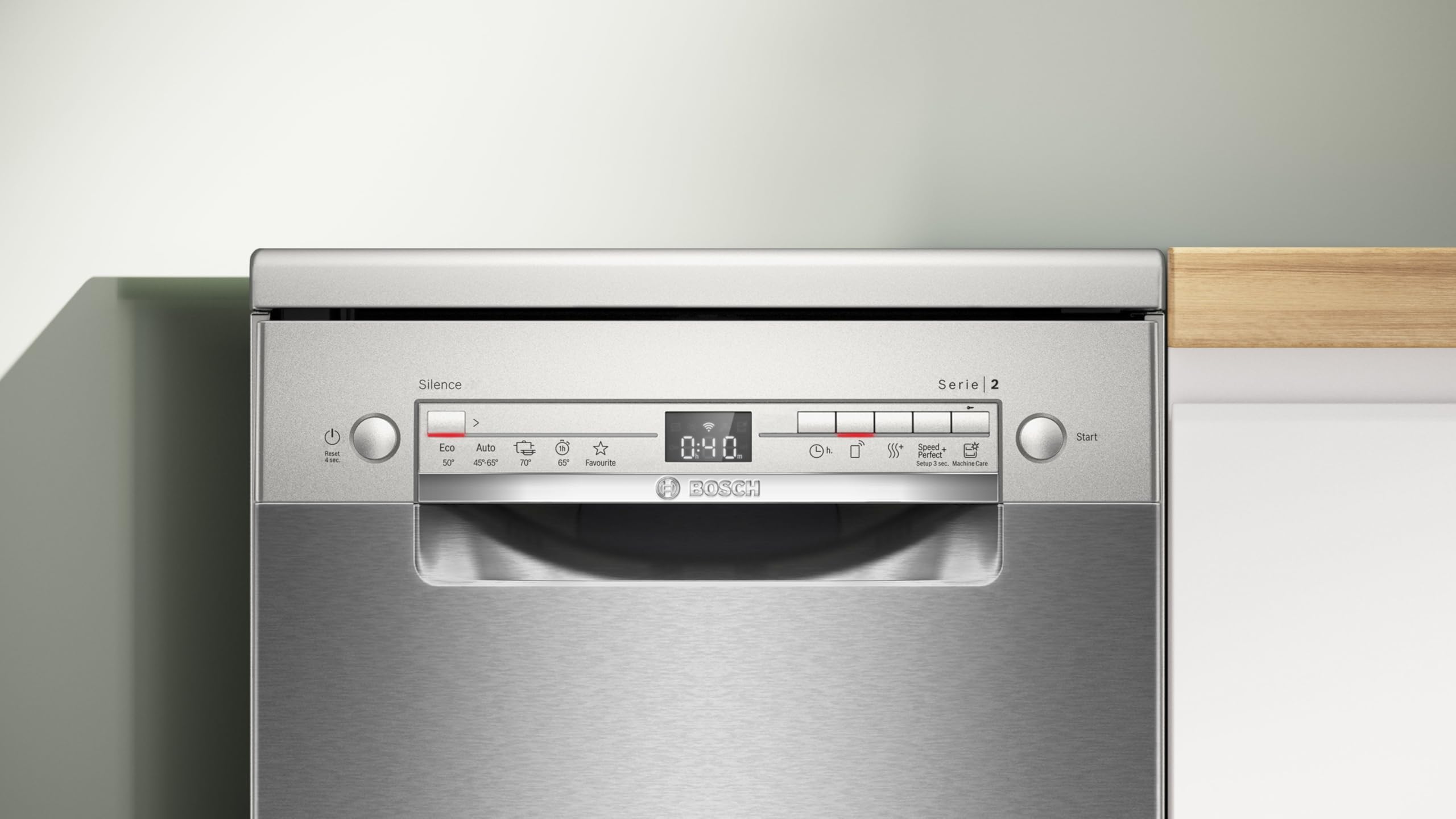 Bosch SPS2HMI02E Série 2 - Lave-vaisselle, pose-libre, Home Connect | 45 cm, Acier brossé anti-traces, Option Séchage Extra, Tiroir Vario Slimline, Panier supérieur réglable sur 3 hauteurs