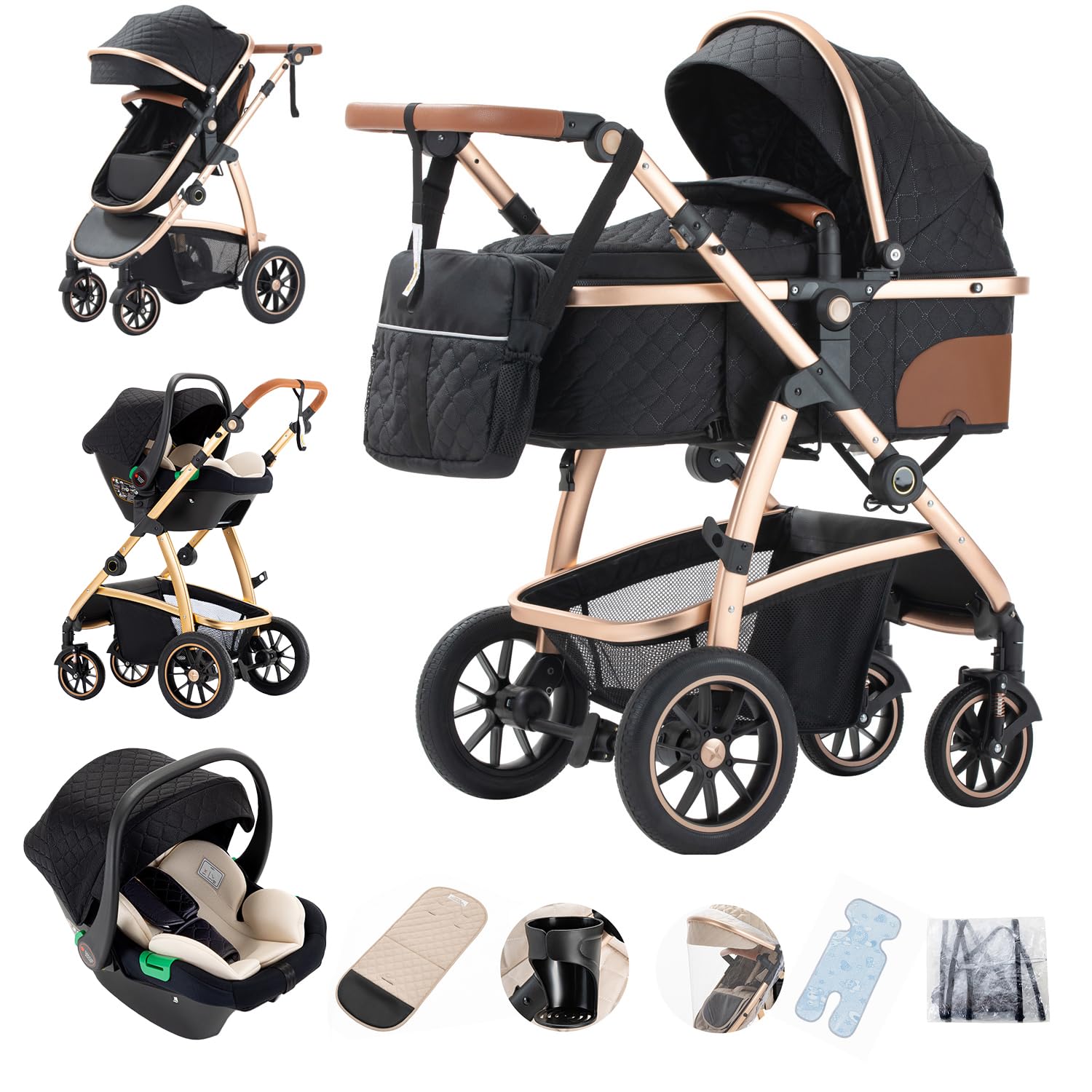 Gcarebb 3 in 1 Kinderwagen, Buggy Mit Auto Babyschale, Mit Höhenverstellbarer Kinderwagen Komplettset, KombiKinderwagen Mit Aluminiumrahmen für Neugeborene 0-4 Jahre