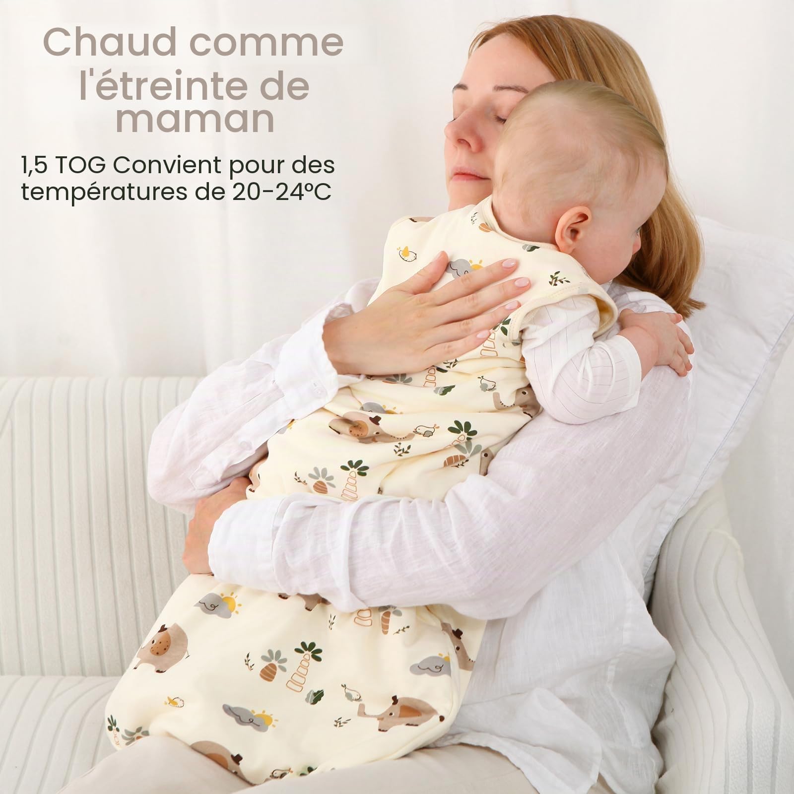 Gigoteuse Bébé Hiver 1.5 TOG en Coton Doux, Turbulette Chaude avec Fermeture Éclair, Lot de 2, pour Nouveau-né Garçons Filles 0–6 Mois Éléphant Beige