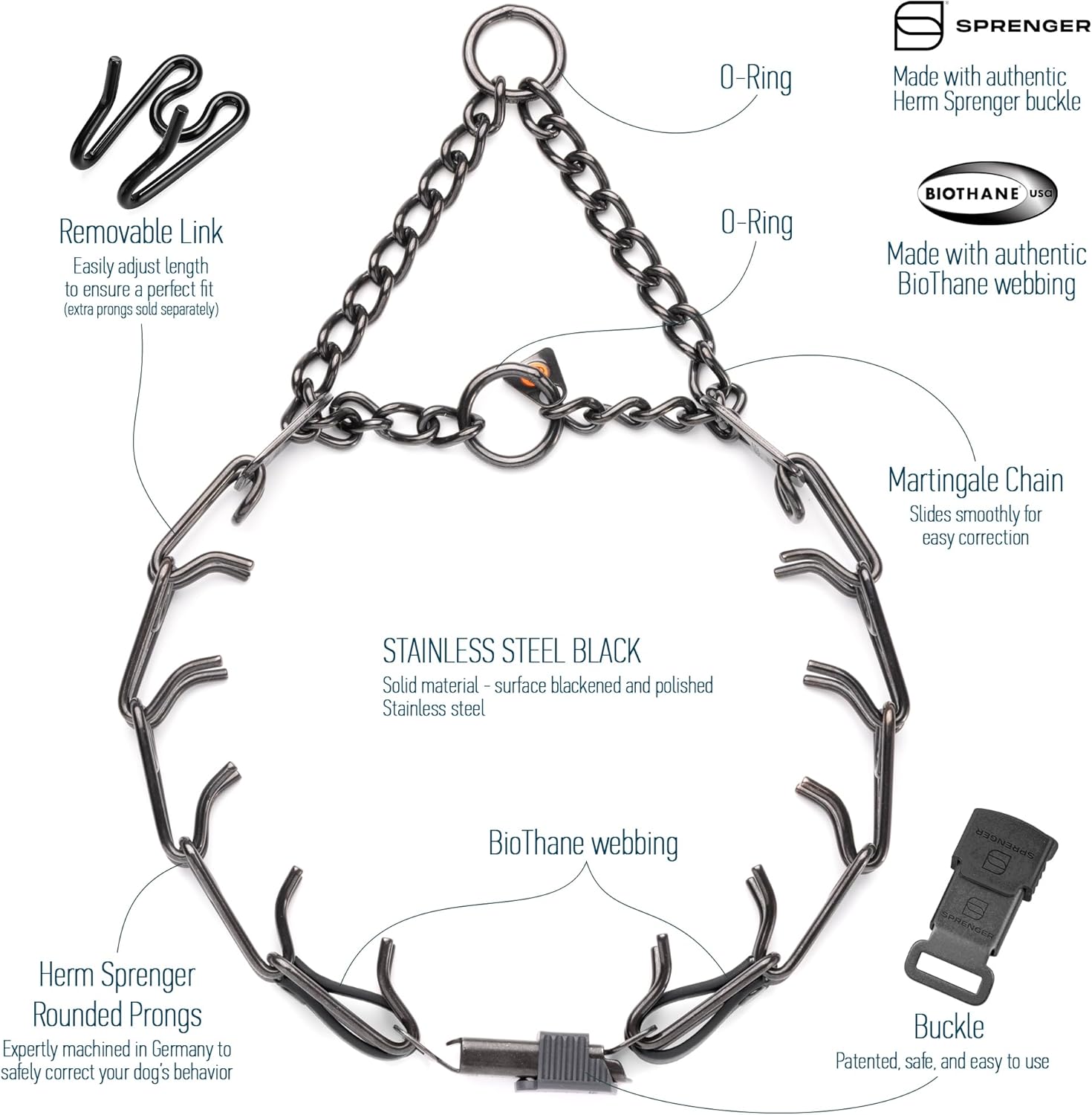 Herm Sprenger Black Stainless Steel Dog Collar with Quick Release ClicLock Buckle O-Ring Biothane Insert Training Collar Made in Germany (Black, 23in x 3.2mm(Neck Size up to19-20in))