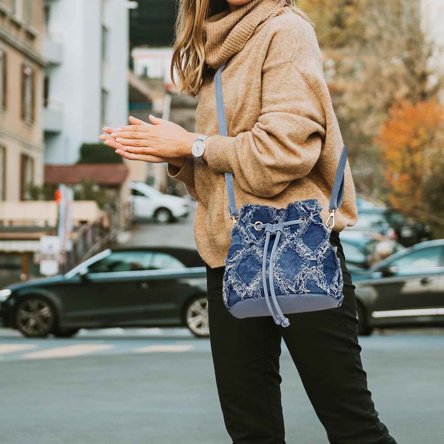 QZUnique Women Denim Mini Bucket Bag Crossbody Purse Shoulder Handbag Drawstring Quilted Tassel Barrel Shape Satchel Tote Bag - Image 8