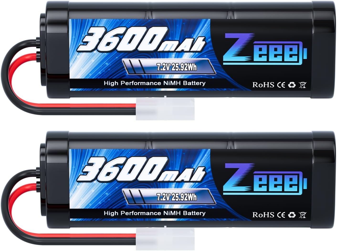 Zeee 7.2V 3600mAh RC NiMH Battery with Tamiya Plug High Power for RC Car RC Truck Associated HPI Losi Kyosho Tamiya Hobby(2 Pack)