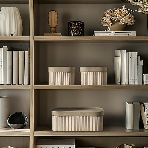 Miniatura 3 de La Jolie Maison Cestas de almacenamiento de cartón estriado con tapas similares al cuero, cajas de papel apilables resistentes, bandeja decorativa,