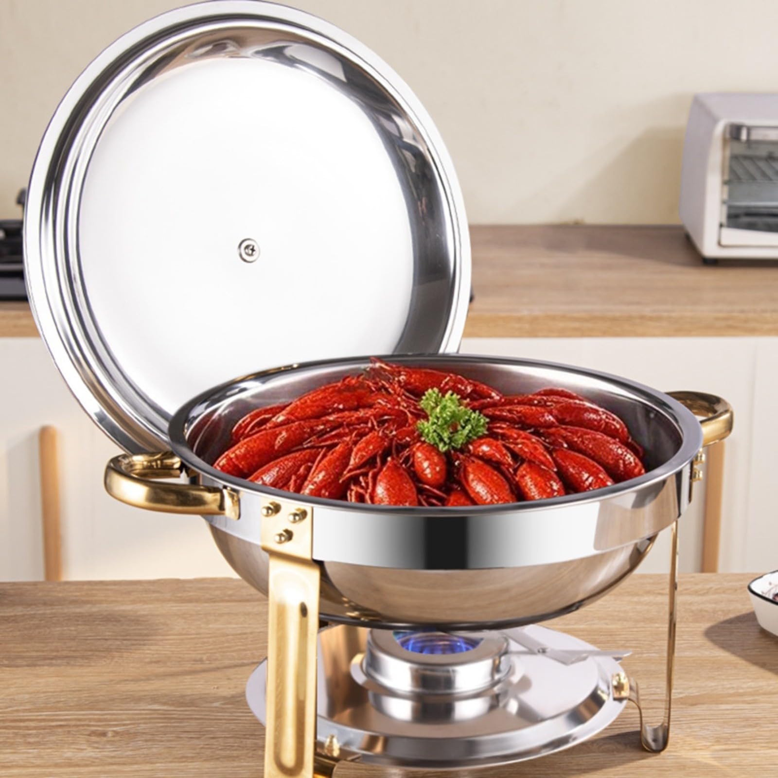 Juego de 2 platos de acero inoxidable, calentadores de buffet de 5 cuartos con tapas de vidrio, bordes con dobladillo de acero para fiestas, catering (amarillo)