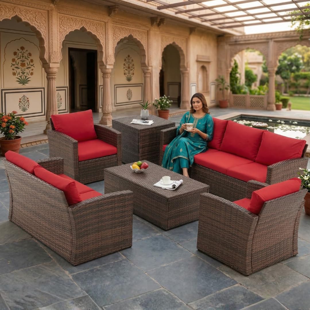 LOCCUS Outdoor 7-Seater Wicker Sectional Sofa Waterproof Outdoor Furniture with Cushions,Center Table and Side Table for Indoor and Outdoor (Dark Brown and Red Color)-image-25