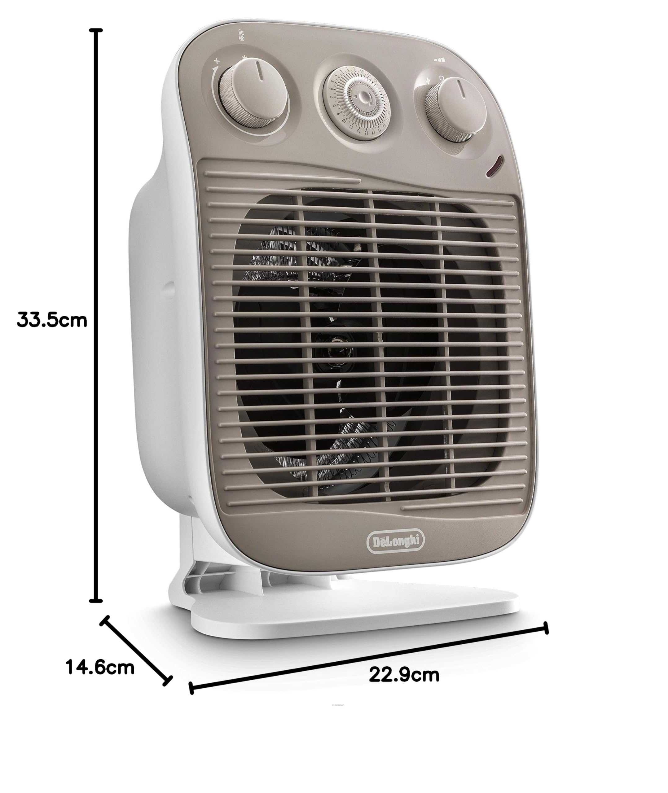 De'Longhi HFS50D22 Termoventilatore, TIMER 24H, 3 livelli di potenza, ventilazione estiva, protezione antigoccia, maniglia, dispositivo di sicurezza, luce, protezione antigelo, leggero, Bianco/Beige