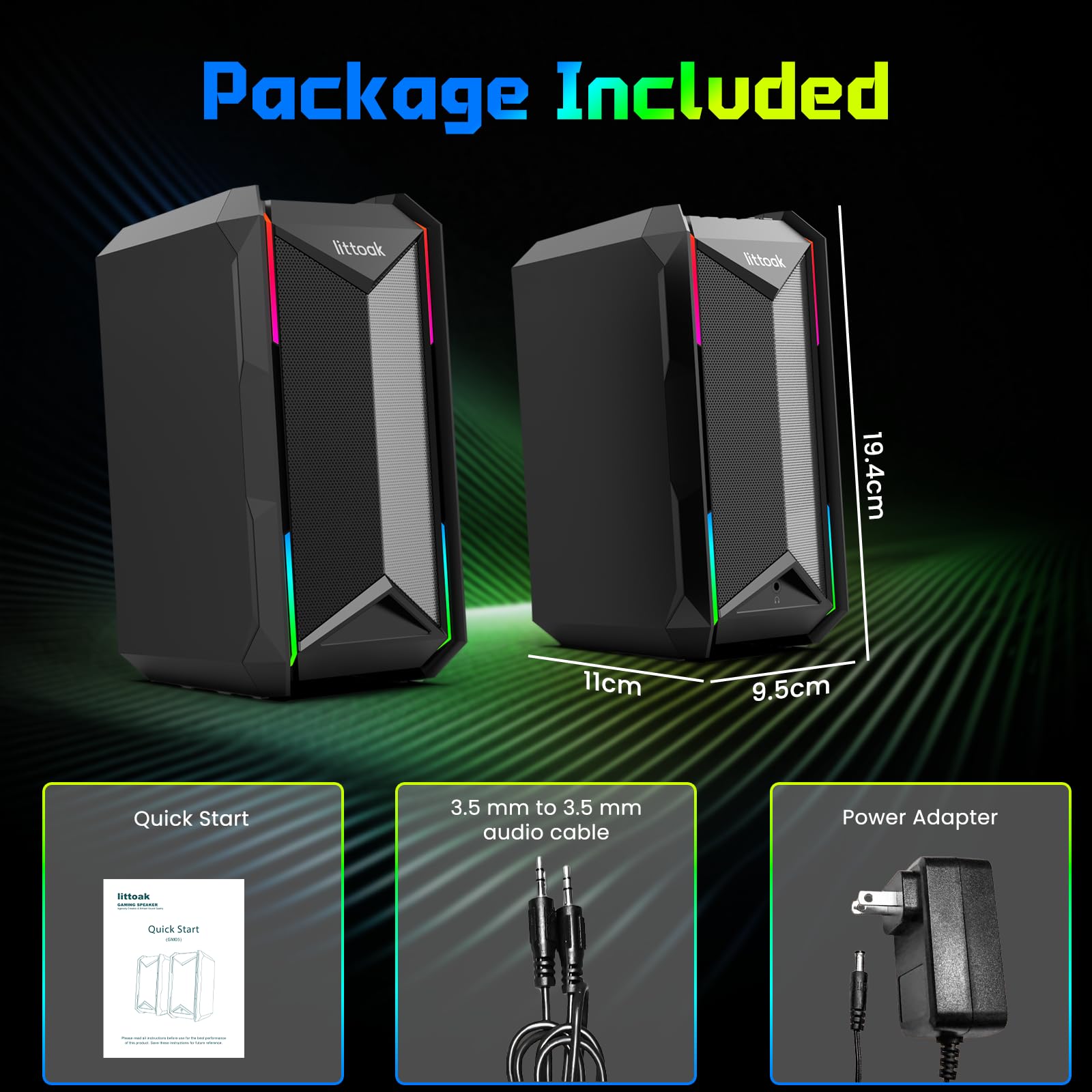 LITTOAK Altoparlanti per computer per musica e giochi, altoparlanti alimentati con adattatore CC per PC desktop o laptop, altoparlante desktop Bluetooth 5.3, 10 modalità RGB, ingresso AUX da 3,5 mm