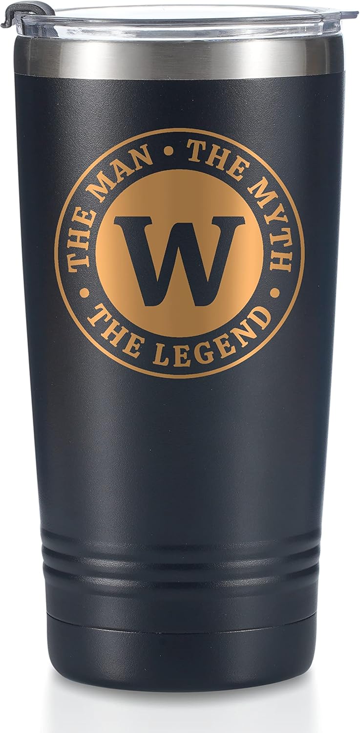 the Man the Myth the Legend Mug with Initials, Monogrammed Stainless Steel Travel Tumbler for Men, Funny Personalized Coffee Cup, Custom Beer Glass, Unique Birthday Christmas Gifts for Him, 20 oz, W