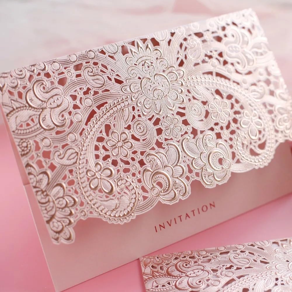 Faire Part De Mariage Cartes de mariage roses/rouges/dorées for les invités avec carte-cadeau imprimée gratuite Cartes d'invitation de mariage élégantes en papier 50 pièces Faire Part Mariage(Pink)