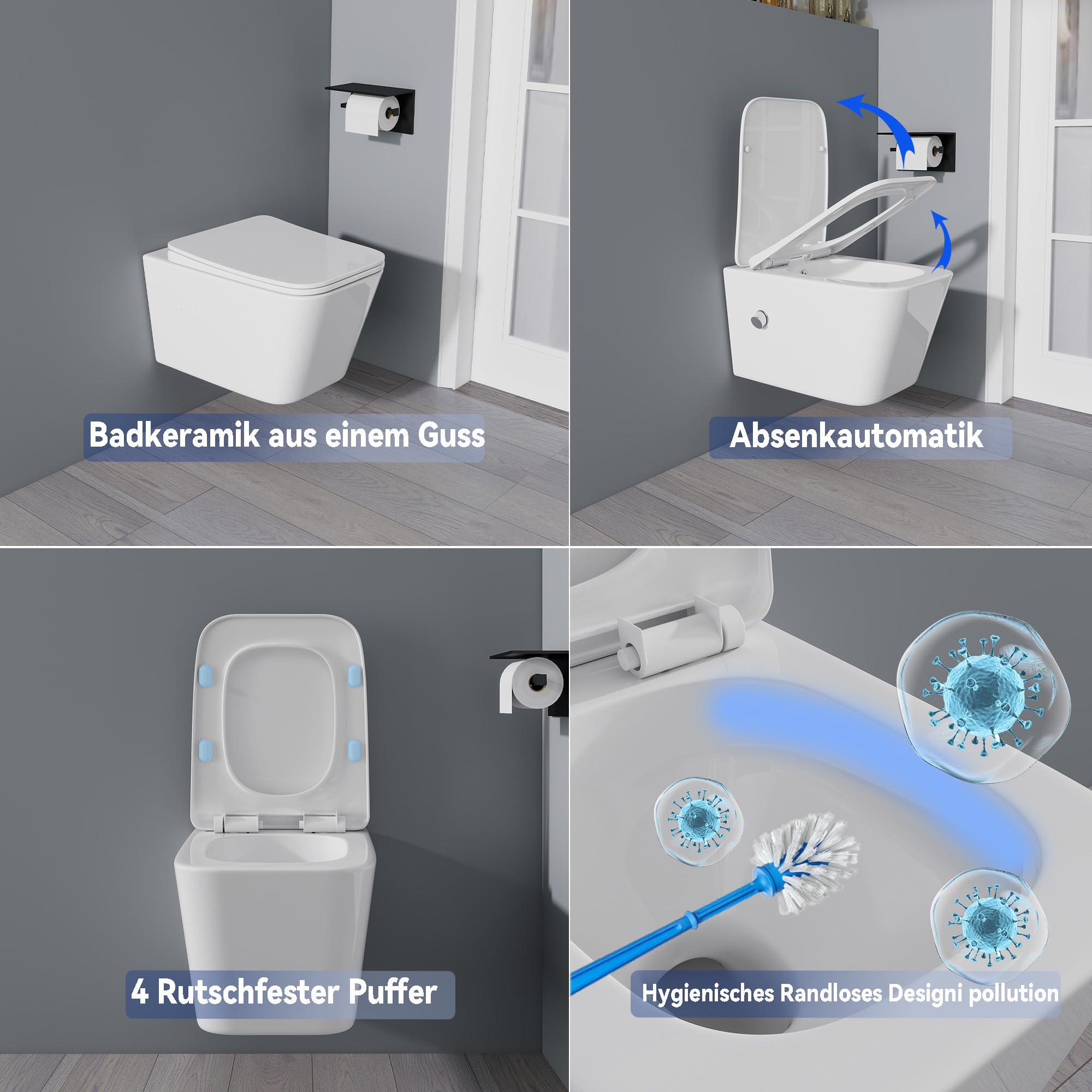 Yishang WC sospeso a parete, senza bordo, scarico monoforo a 360°, tecnologia a sifone, sedile a chiusura delicata, 52 cm, ceramica bianca, per camera degli ospiti e bagno