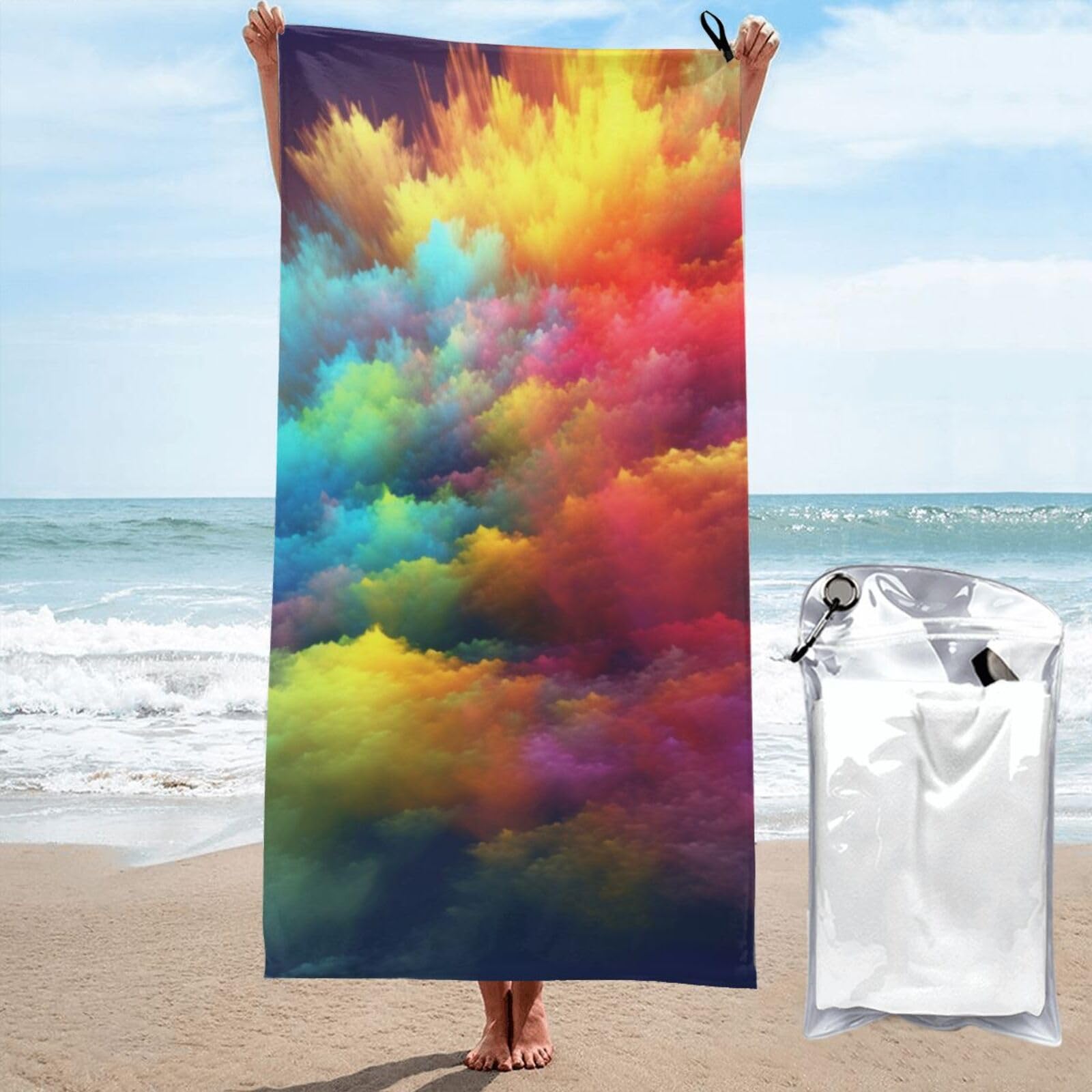 BWWHCCTI rainbow clouds Printed Microfiber Quick Dry Beach Towel 80x160 CM, Fast Drying Bath Towels with Bags for Travel,Camping,Gym,Beach,Swimming,Yoga
