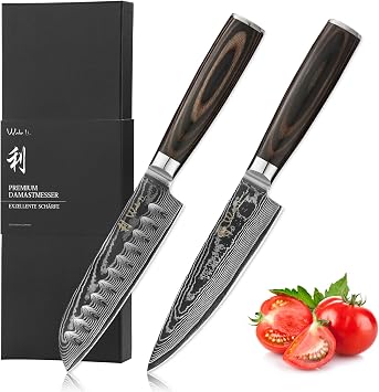 Wakoli EDIB Essentials 2-Piece Damascus Kitchen Knife Set Chef Knife & Santoku Knife with VG10 Core made of 67-Layer Damascus Steel Blades Professional Kitchen Knives with Pakkawood Handles